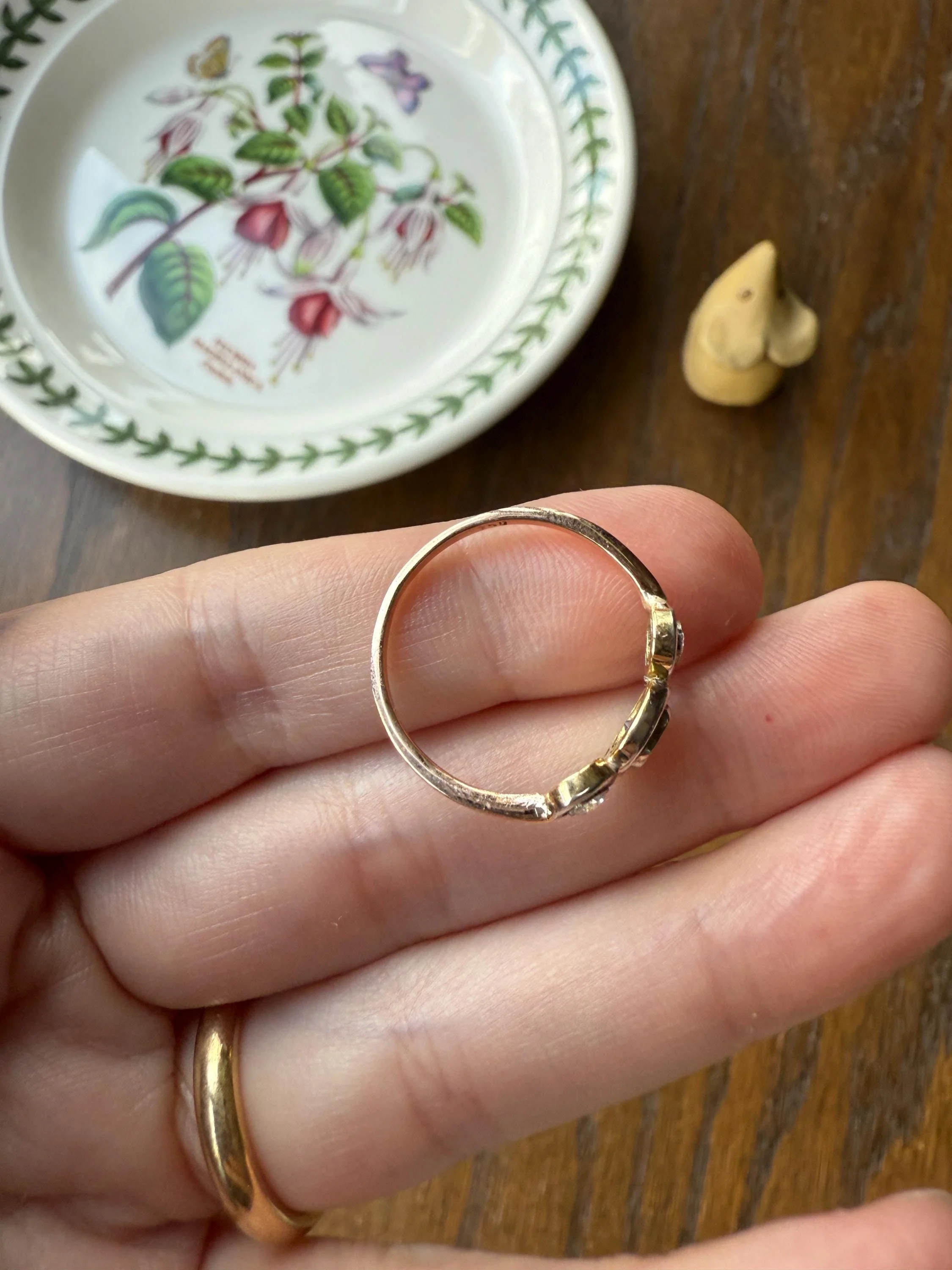 Unique Antique Crown Tiara Ring Bezel Set Three Stone Old Mine & European Cut Diamond Band with Halos 18k Gold Stacker Bullseye Target - Image 21