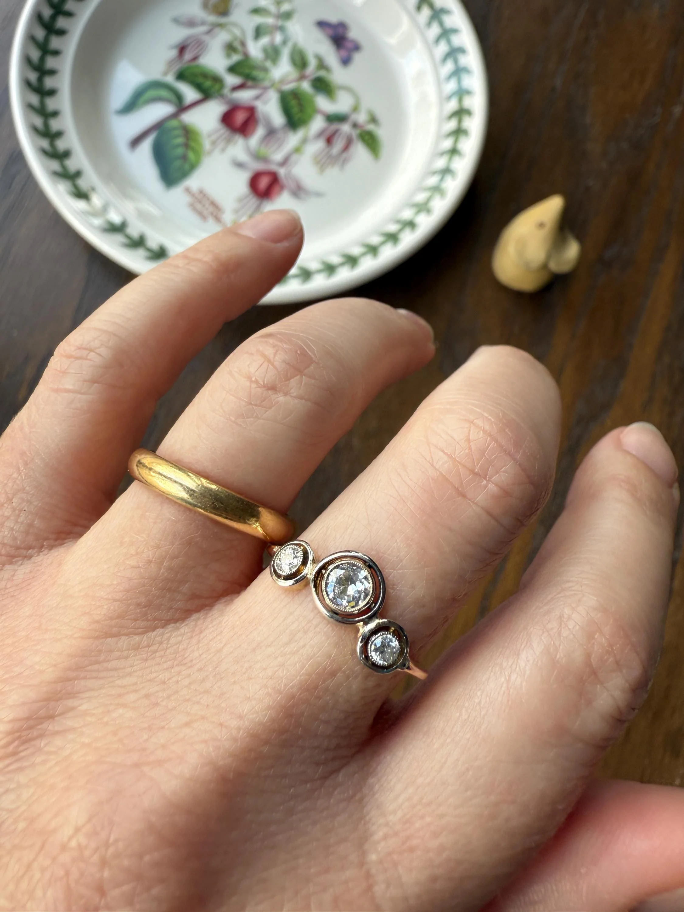 Unique Antique Crown Tiara Ring Bezel Set Three Stone Old Mine & European Cut Diamond Band with Halos 18k Gold Stacker Bullseye Target - Image 3