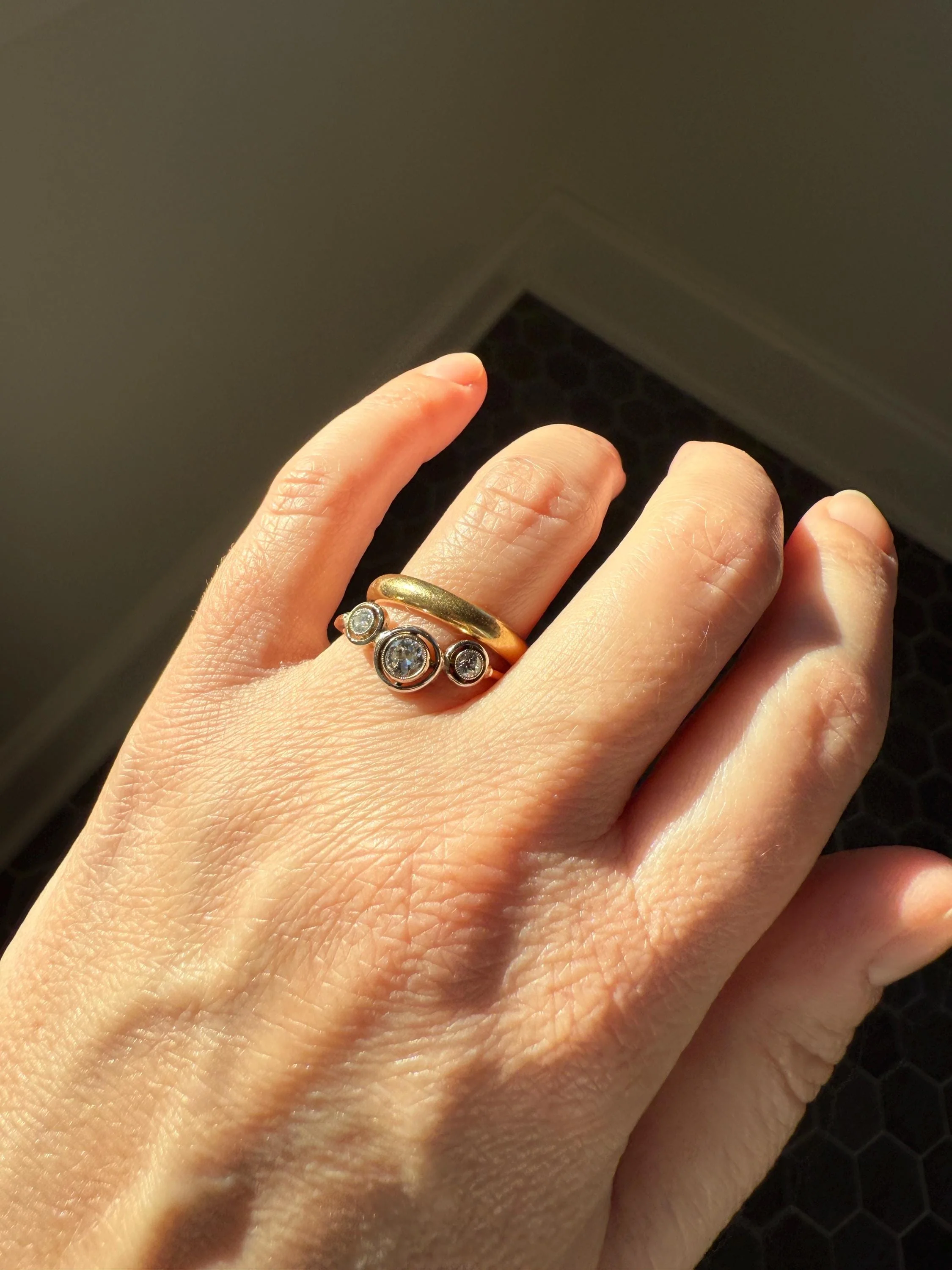 Unique Antique Crown Tiara Ring Bezel Set Three Stone Old Mine & European Cut Diamond Band with Halos 18k Gold Stacker Bullseye Target - Image 5