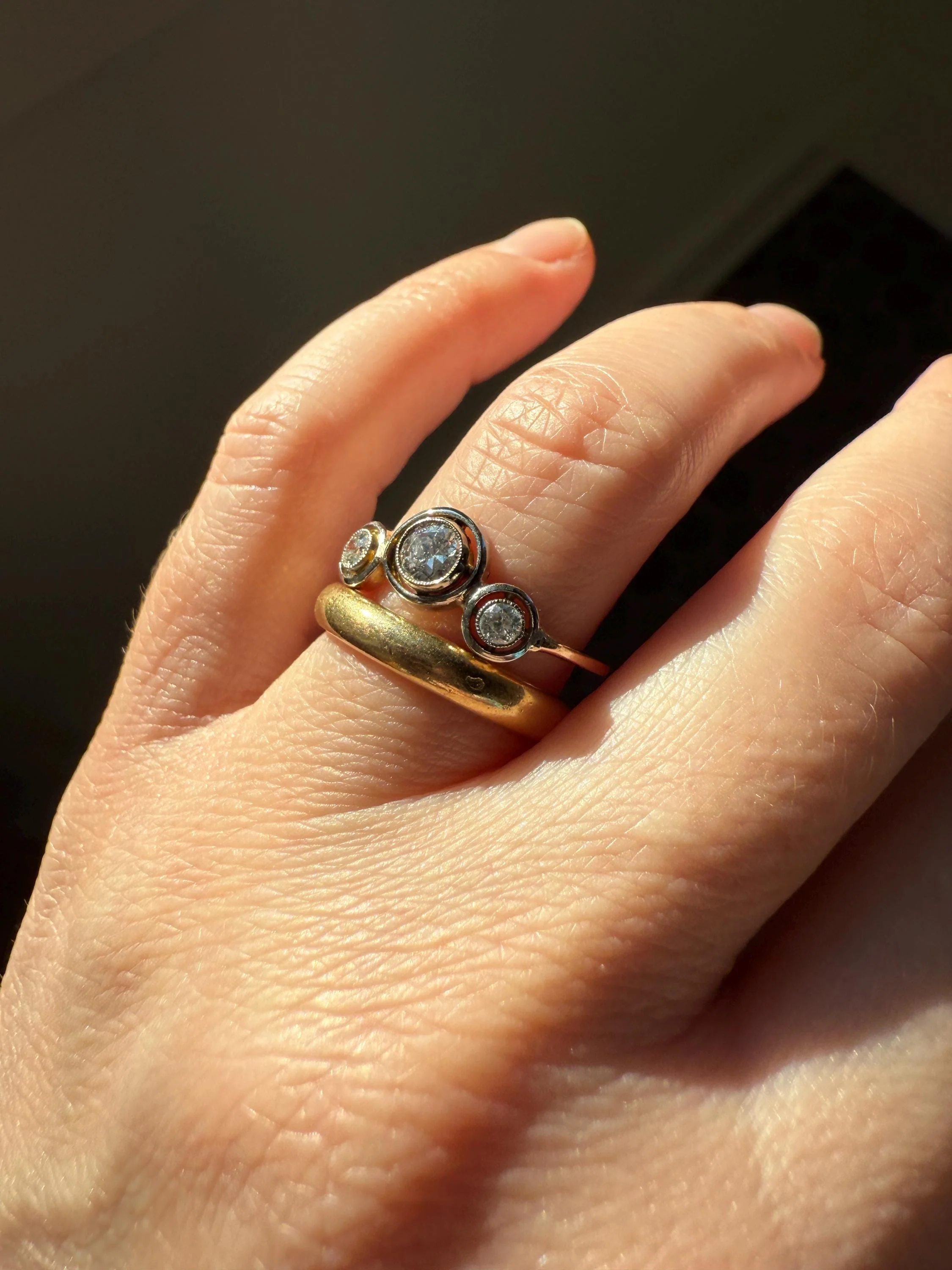 Unique Antique Crown Tiara Ring Bezel Set Three Stone Old Mine & European Cut Diamond Band with Halos 18k Gold Stacker Bullseye Target - Image 6
