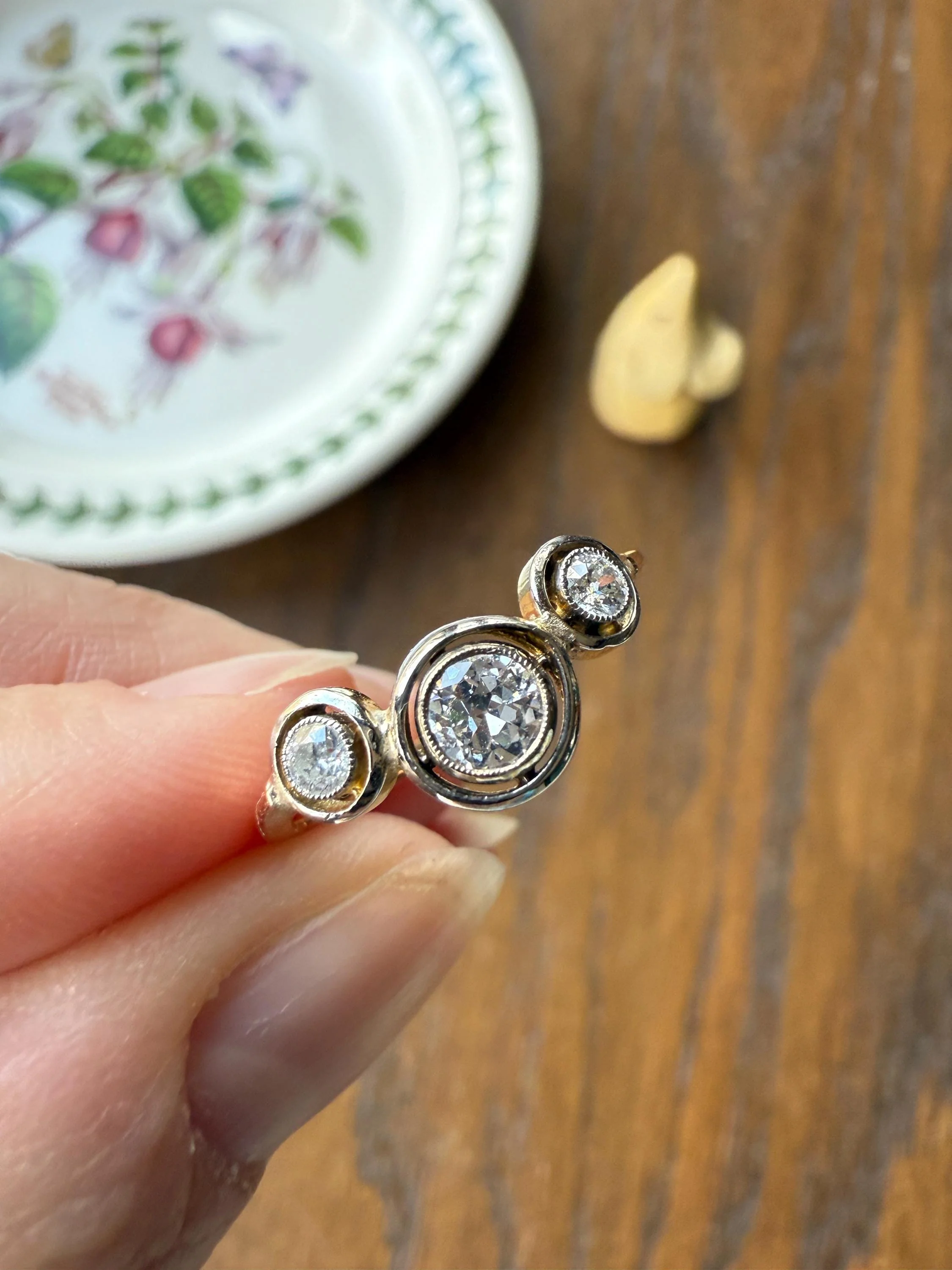 Unique Antique Crown Tiara Ring Bezel Set Three Stone Old Mine & European Cut Diamond Band with Halos 18k Gold Stacker Bullseye Target - Image 7