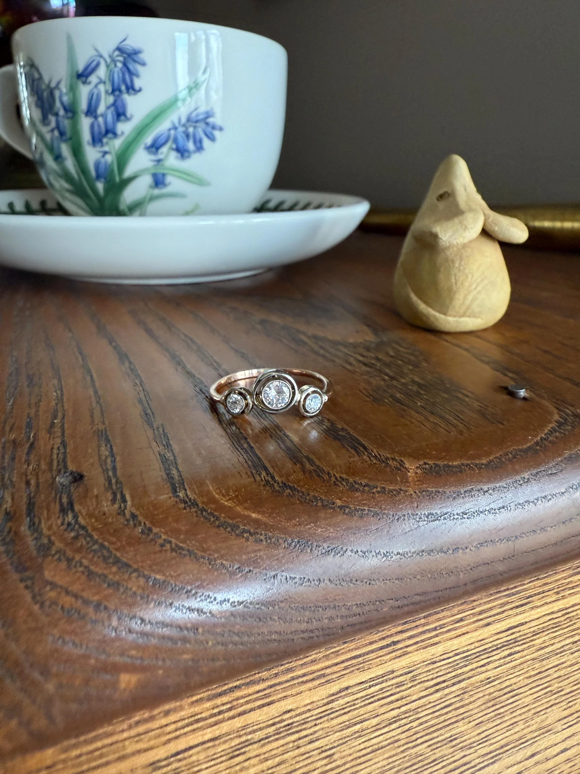 Unique Antique Crown Tiara Ring Bezel Set Three Stone Old Mine & European Cut Diamond Band with Halos 18k Gold Stacker Bullseye Target - Image 8