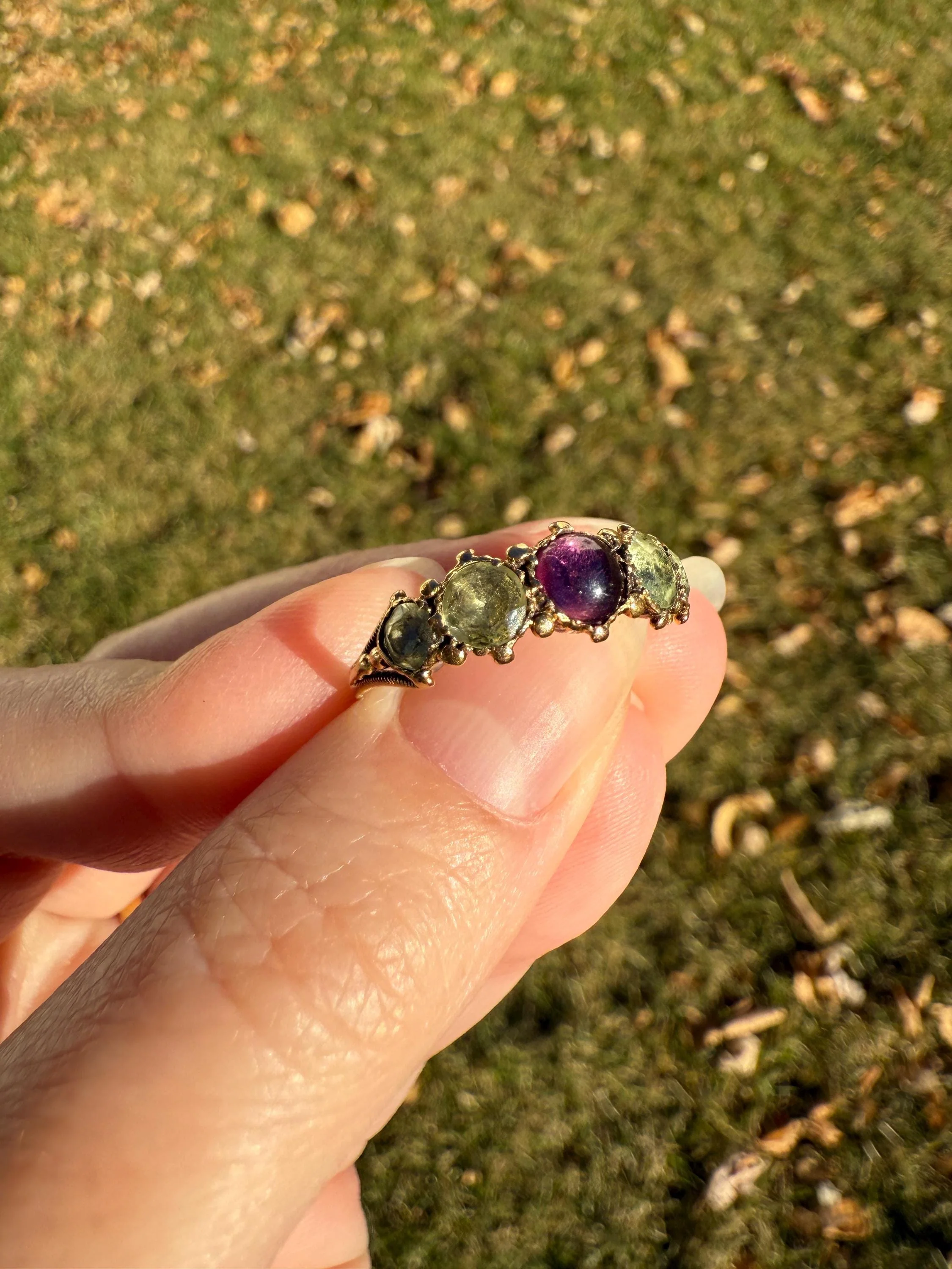 Unique Antique Georgian to Victorian Five Stone Old Cut Green Chrysoberyl & Cabochon Amethyst Stacker Band 18k Gold Ring Foiled Suffragette - Image 8