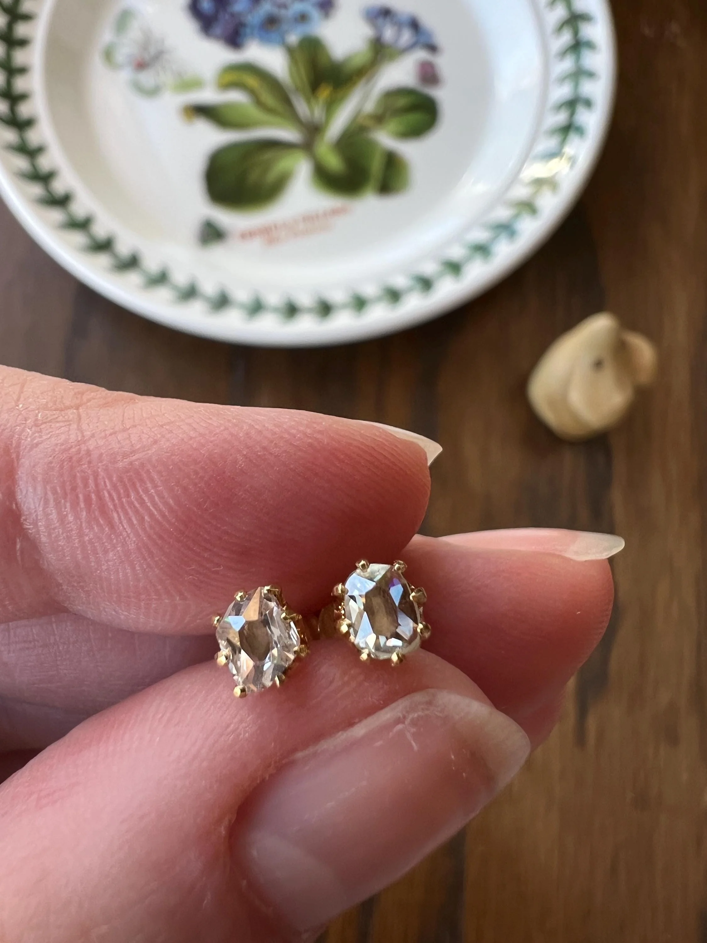 UNIQUE Custom Antique Elongated Old Mine Rose Cut DIAMONDS 18k Gold Screw Back Stud EARRINGS - Image 11