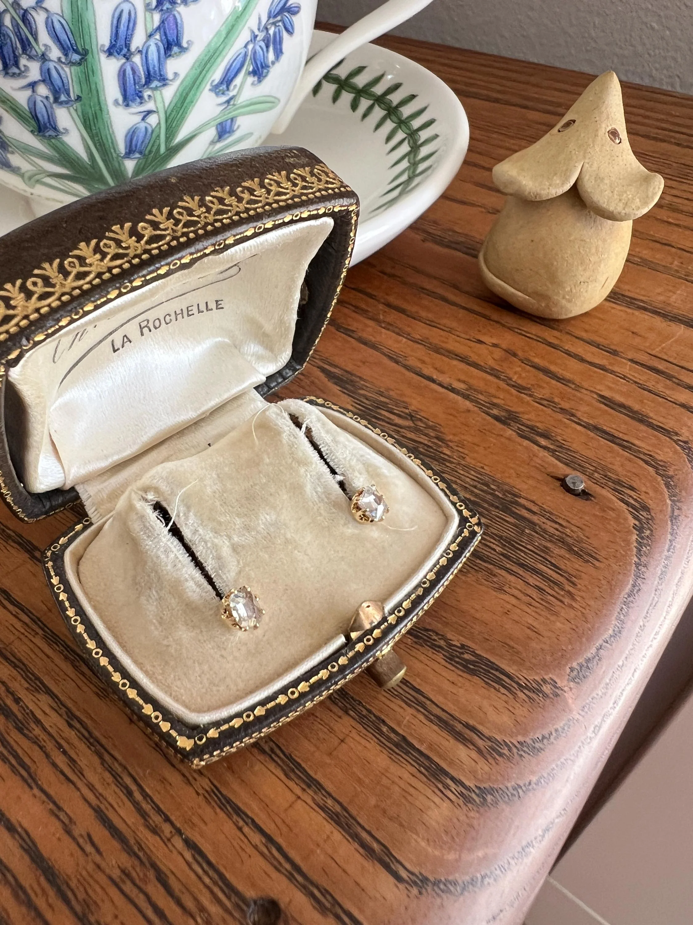 UNIQUE Custom Antique Elongated Old Mine Rose Cut DIAMONDS 18k Gold Screw Back Stud EARRINGS - Image 3
