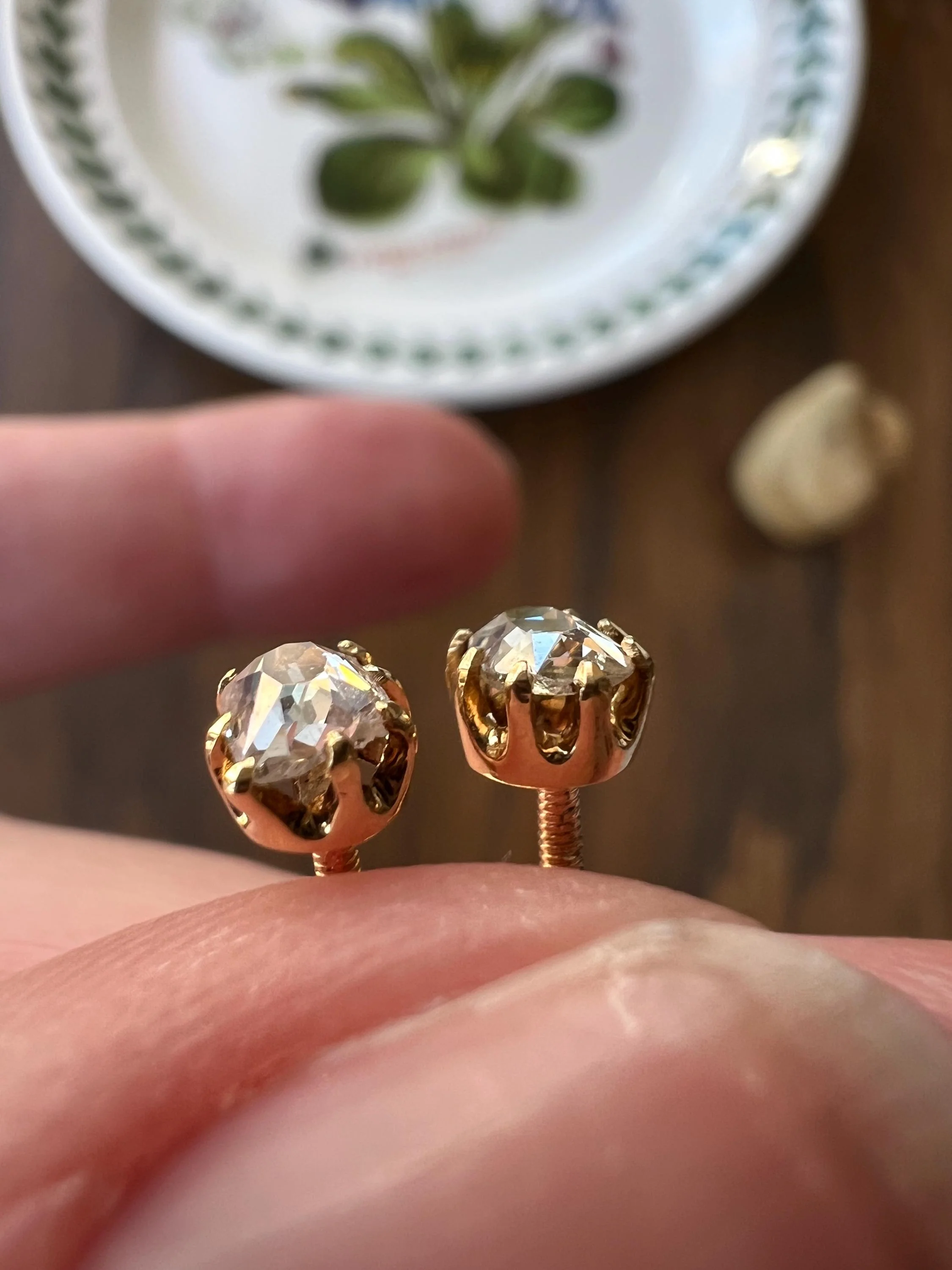 UNIQUE Custom Antique Elongated Old Mine Rose Cut DIAMONDS 18k Gold Screw Back Stud EARRINGS - Image 4