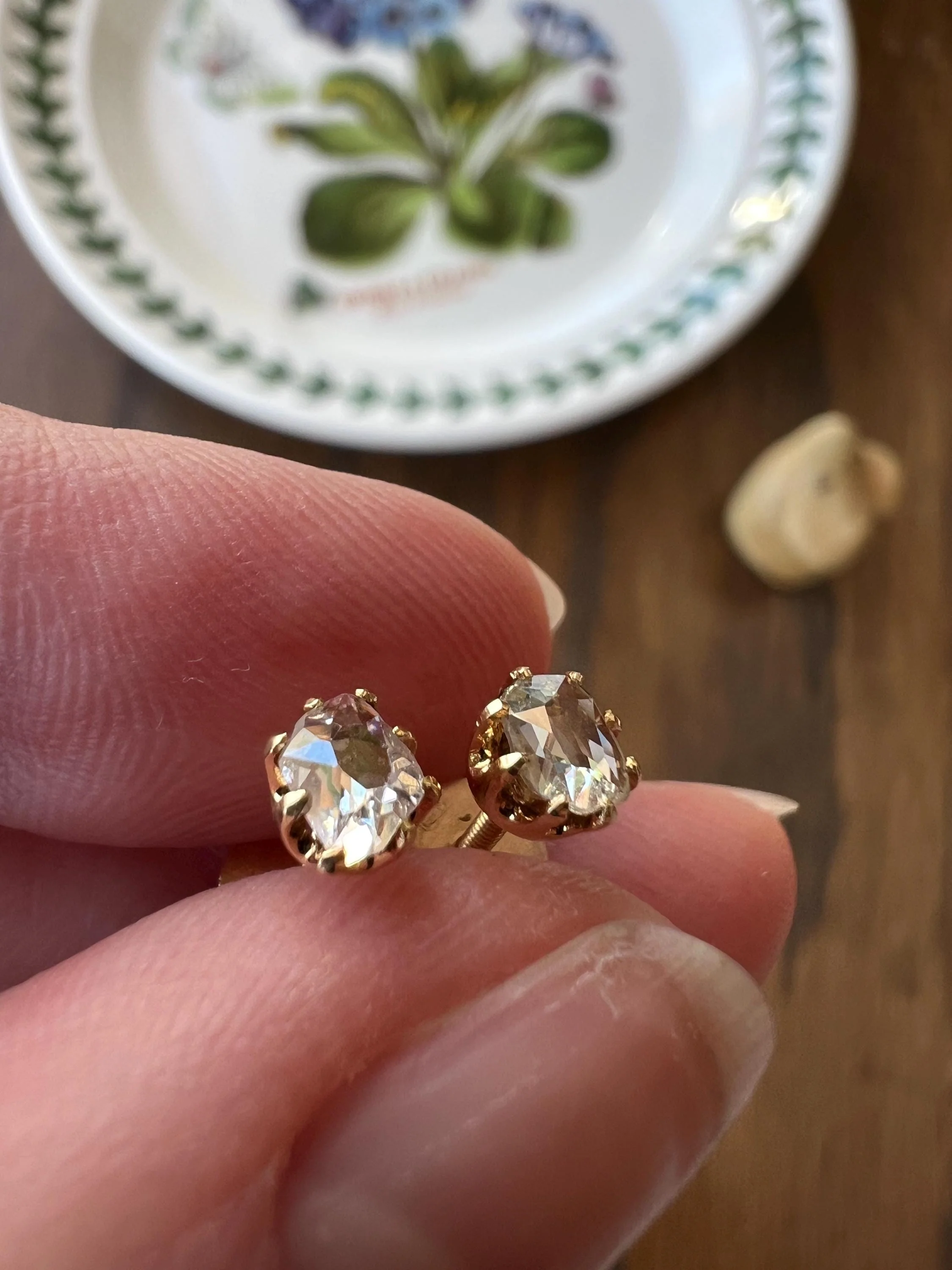 UNIQUE Custom Antique Elongated Old Mine Rose Cut DIAMONDS 18k Gold Screw Back Stud EARRINGS - Image 5