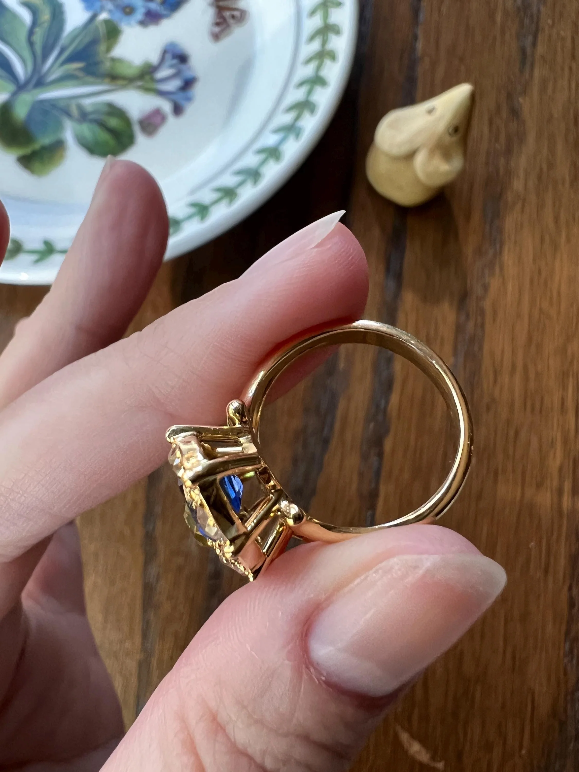 Unique French Vintage Navette Ring 1.25 Carat Antique Eye Clean Fancy Intense Greenish YELLOW Old Mine Cut DIAMOND 2.35 Tdw Emerald Sapphire - Image 11
