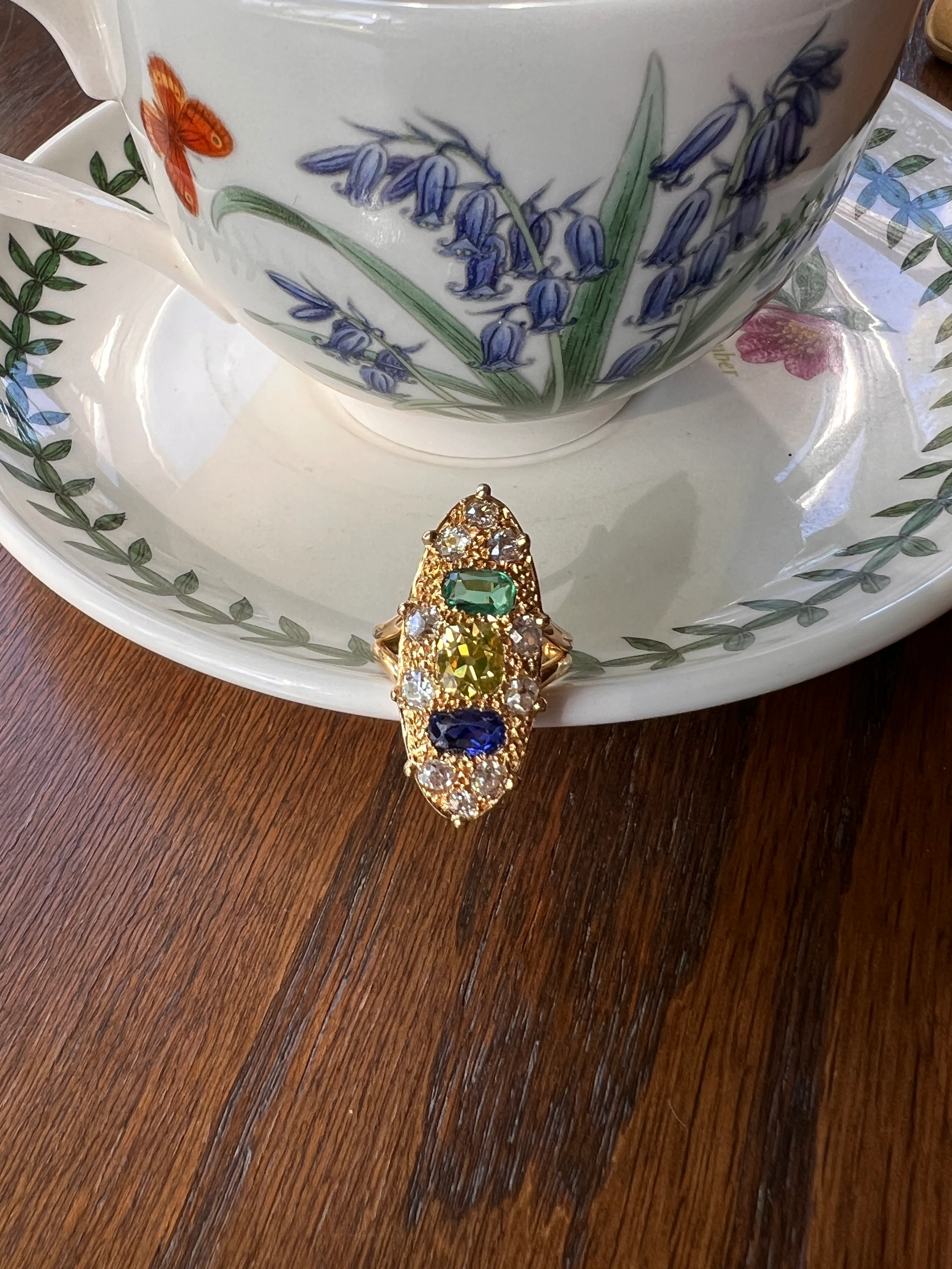 Unique French Vintage Navette Ring 1.25 Carat Antique Eye Clean Fancy Intense Greenish YELLOW Old Mine Cut DIAMOND 2.35 Tdw Emerald Sapphire - Image 12