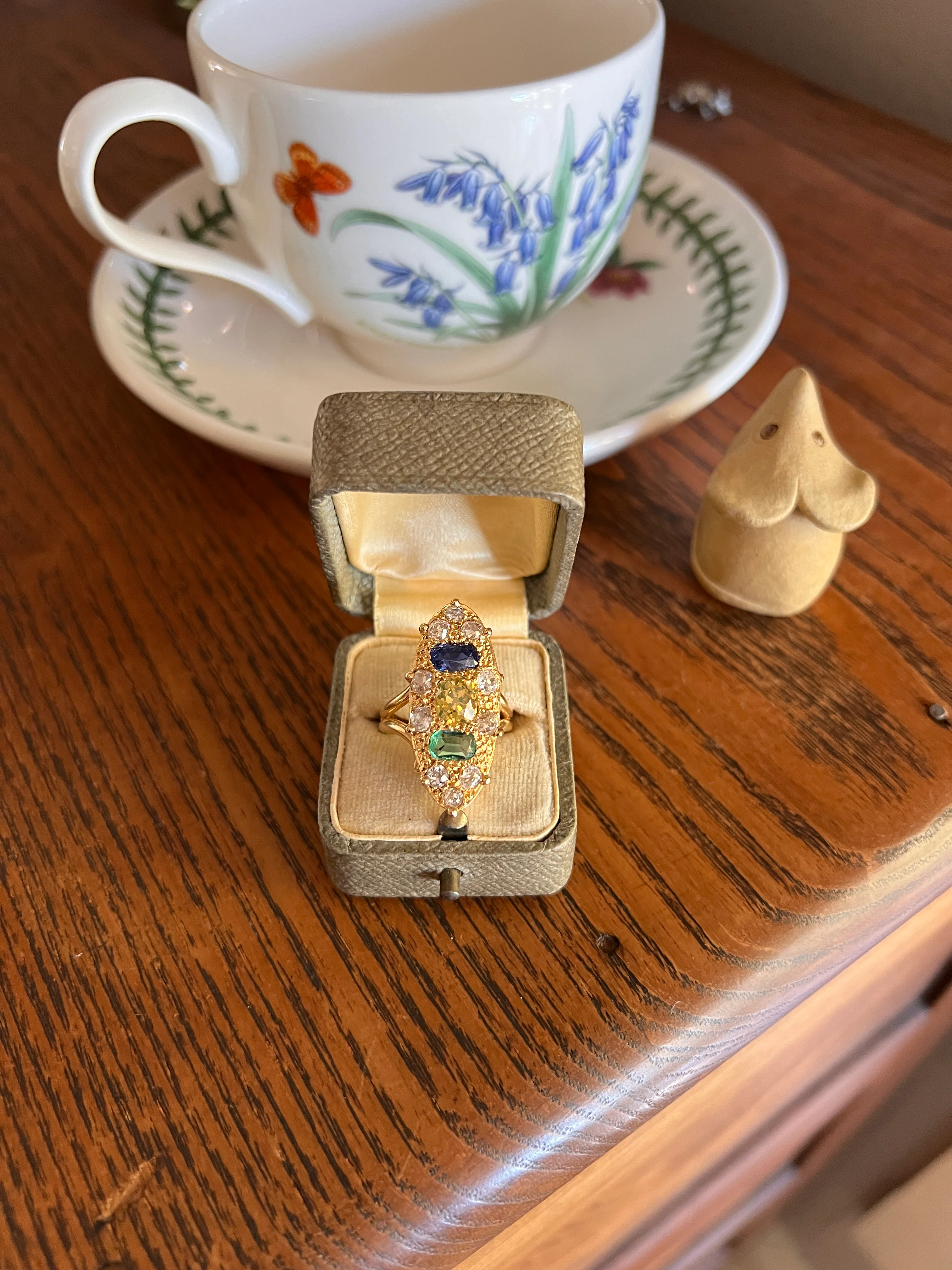 Unique French Vintage Navette Ring 1.25 Carat Antique Eye Clean Fancy Intense Greenish YELLOW Old Mine Cut DIAMOND 2.35 Tdw Emerald Sapphire - Image 13
