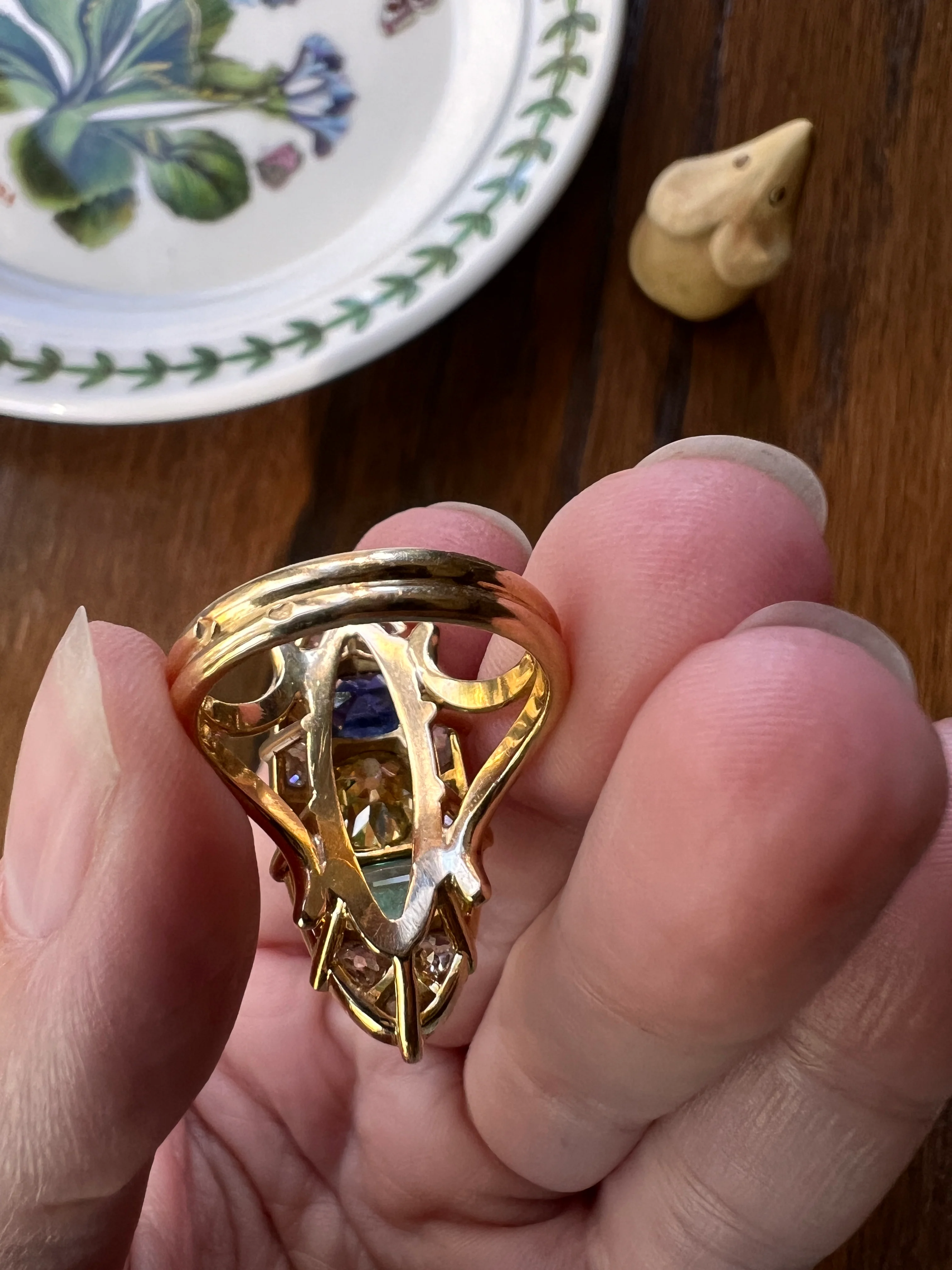 Unique French Vintage Navette Ring 1.25 Carat Antique Eye Clean Fancy Intense Greenish YELLOW Old Mine Cut DIAMOND 2.35 Tdw Emerald Sapphire - Image 14
