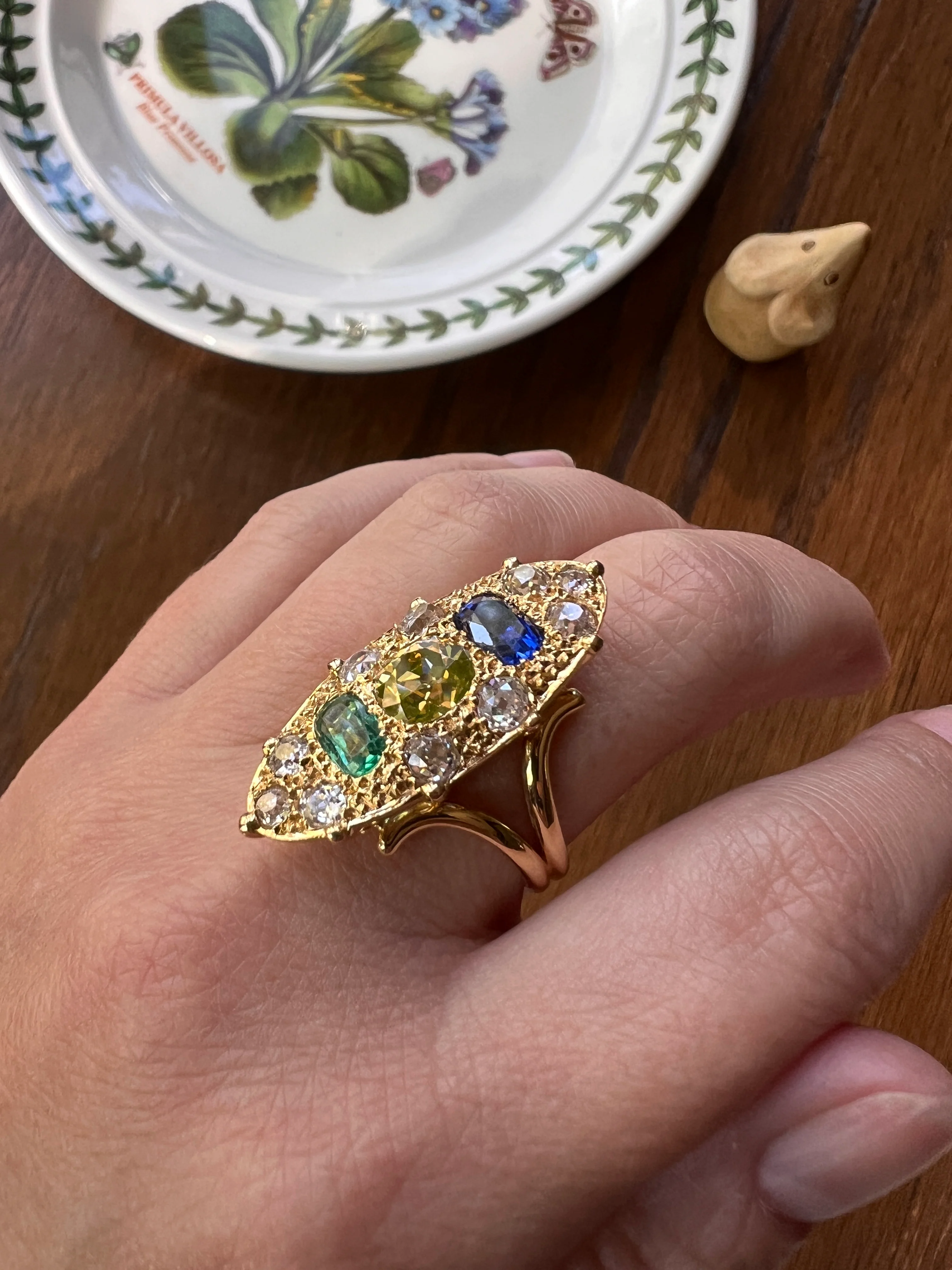 Unique French Vintage Navette Ring 1.25 Carat Antique Eye Clean Fancy Intense Greenish YELLOW Old Mine Cut DIAMOND 2.35 Tdw Emerald Sapphire - Image 15