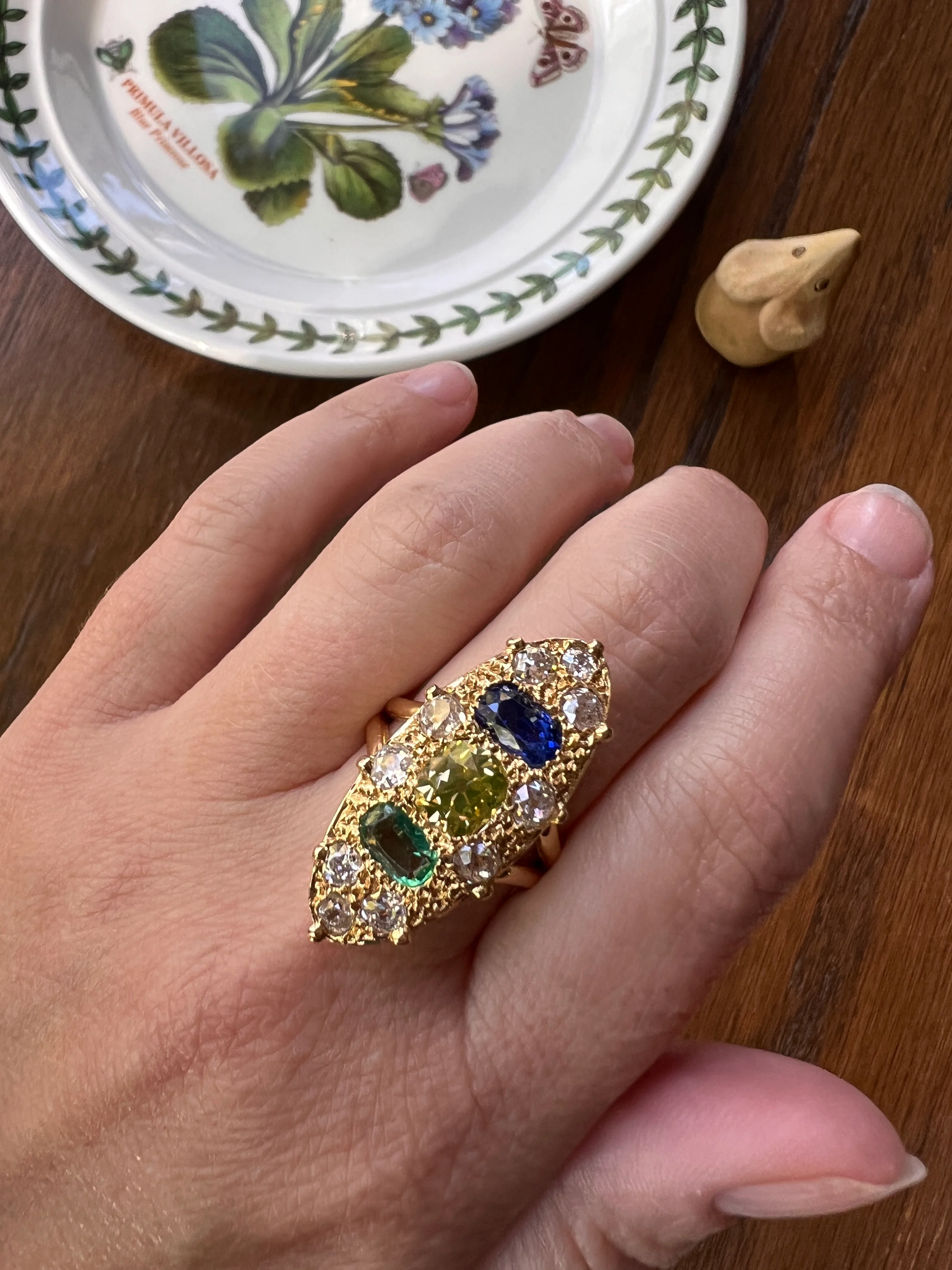 Unique French Vintage Navette Ring 1.25 Carat Antique Eye Clean Fancy Intense Greenish YELLOW Old Mine Cut DIAMOND 2.35 Tdw Emerald Sapphire - Image 16