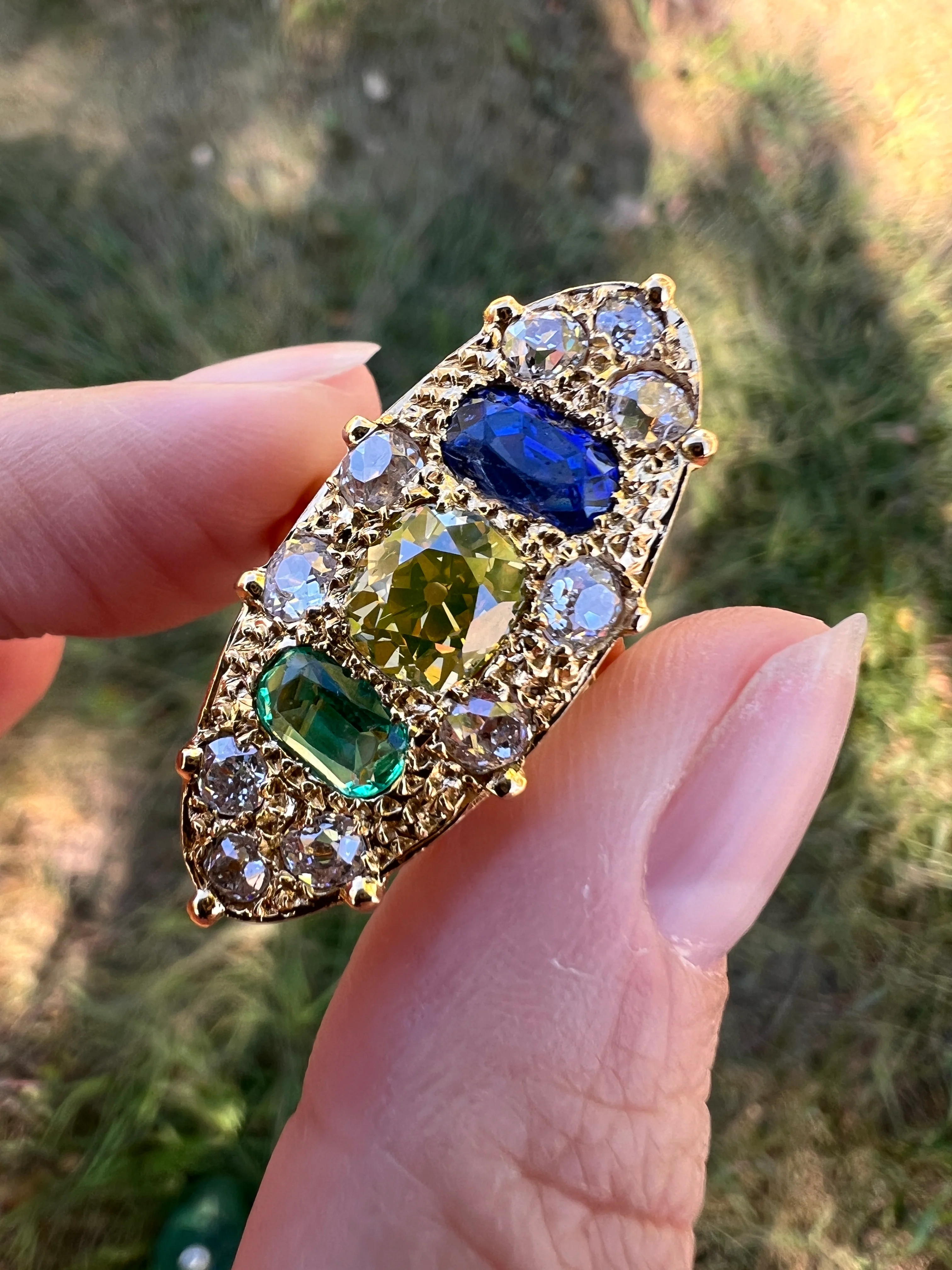 Unique French Vintage Navette Ring 1.25 Carat Antique Eye Clean Fancy Intense Greenish YELLOW Old Mine Cut DIAMOND 2.35 Tdw Emerald Sapphire - Image 17