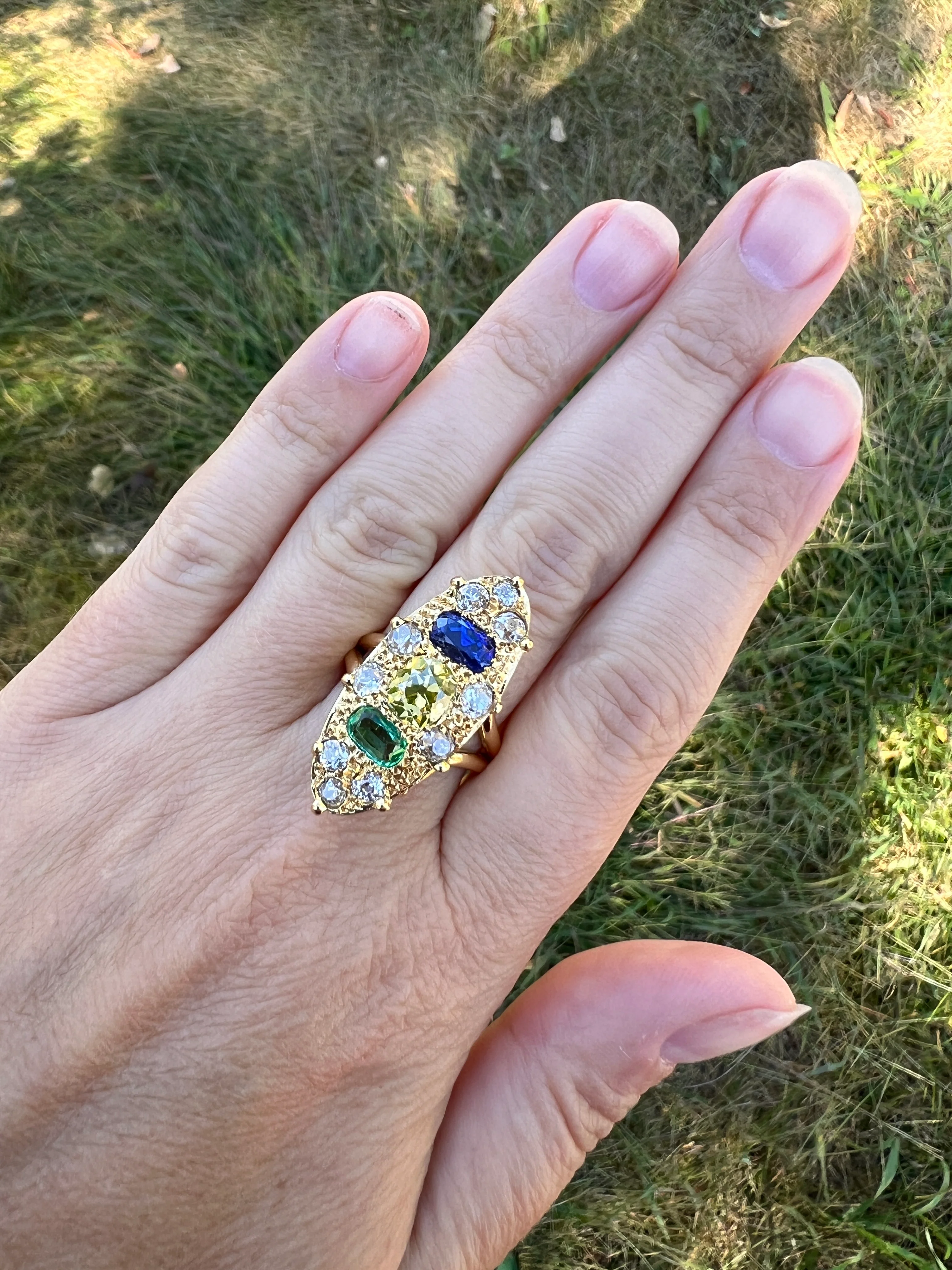 Unique French Vintage Navette Ring 1.25 Carat Antique Eye Clean Fancy Intense Greenish YELLOW Old Mine Cut DIAMOND 2.35 Tdw Emerald Sapphire - Image 18