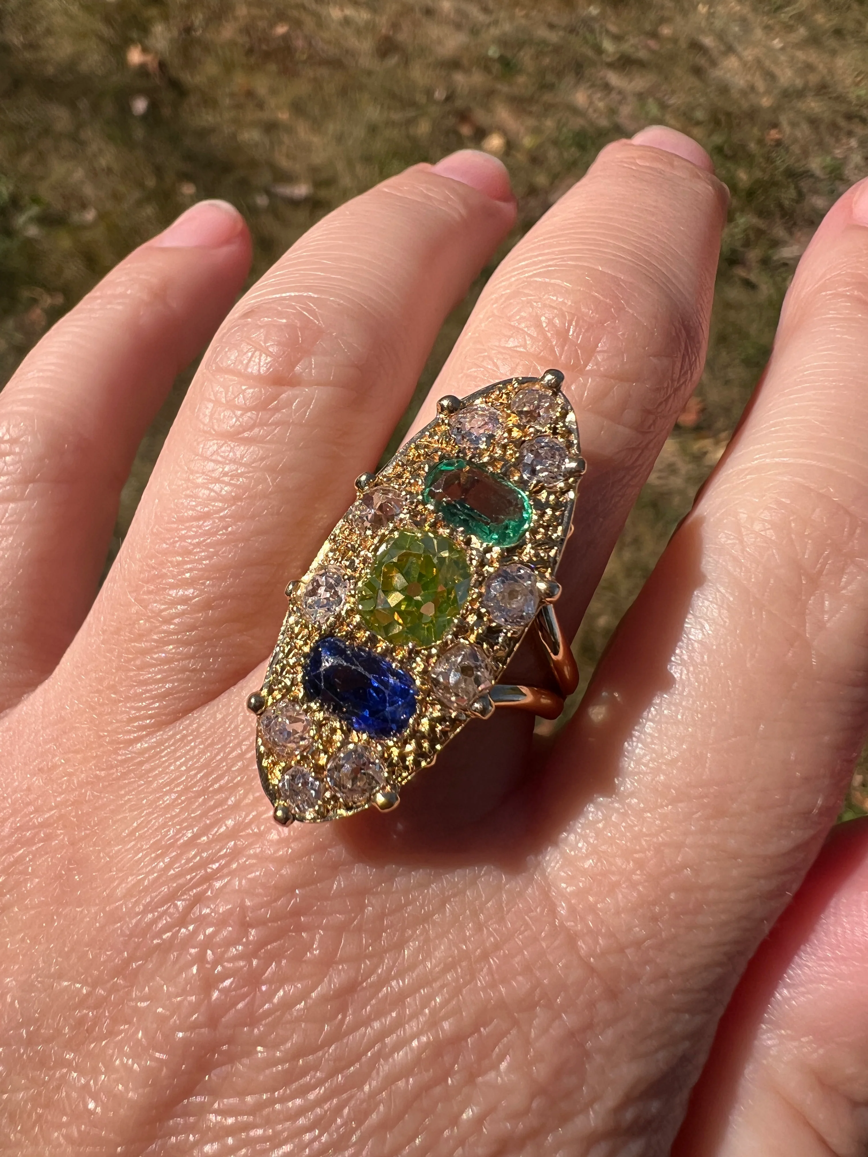 Unique French Vintage Navette Ring 1.25 Carat Antique Eye Clean Fancy Intense Greenish YELLOW Old Mine Cut DIAMOND 2.35 Tdw Emerald Sapphire - Image 19