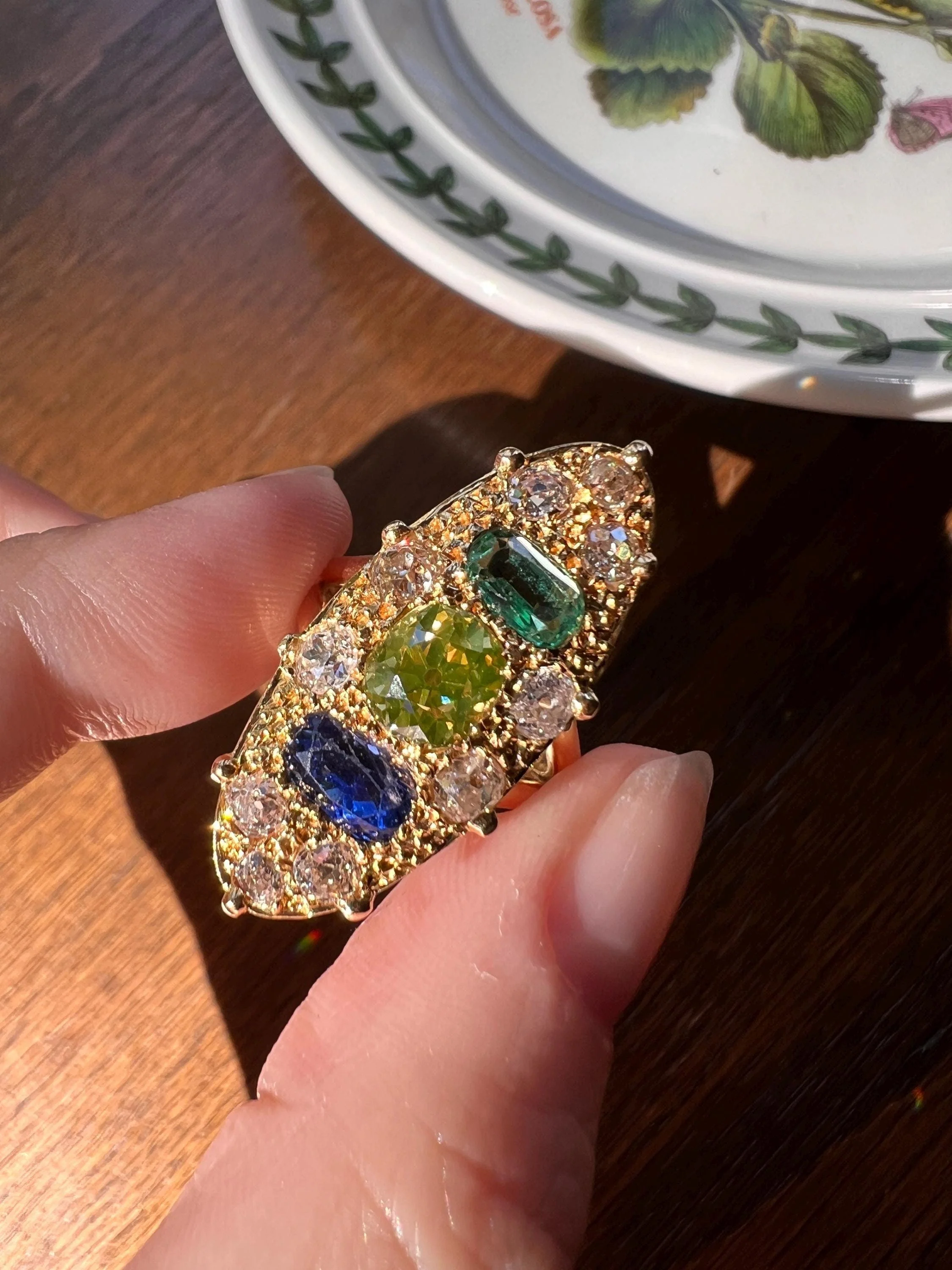 Unique French Vintage Navette Ring 1.25 Carat Antique Eye Clean Fancy Intense Greenish YELLOW Old Mine Cut DIAMOND 2.35 Tdw Emerald Sapphire - Image 2