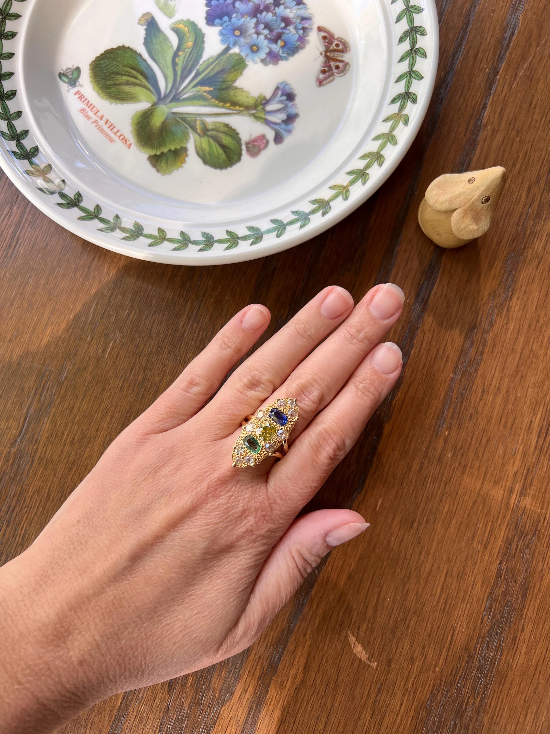 Unique French Vintage Navette Ring 1.25 Carat Antique Eye Clean Fancy Intense Greenish YELLOW Old Mine Cut DIAMOND 2.35 Tdw Emerald Sapphire - Image 3