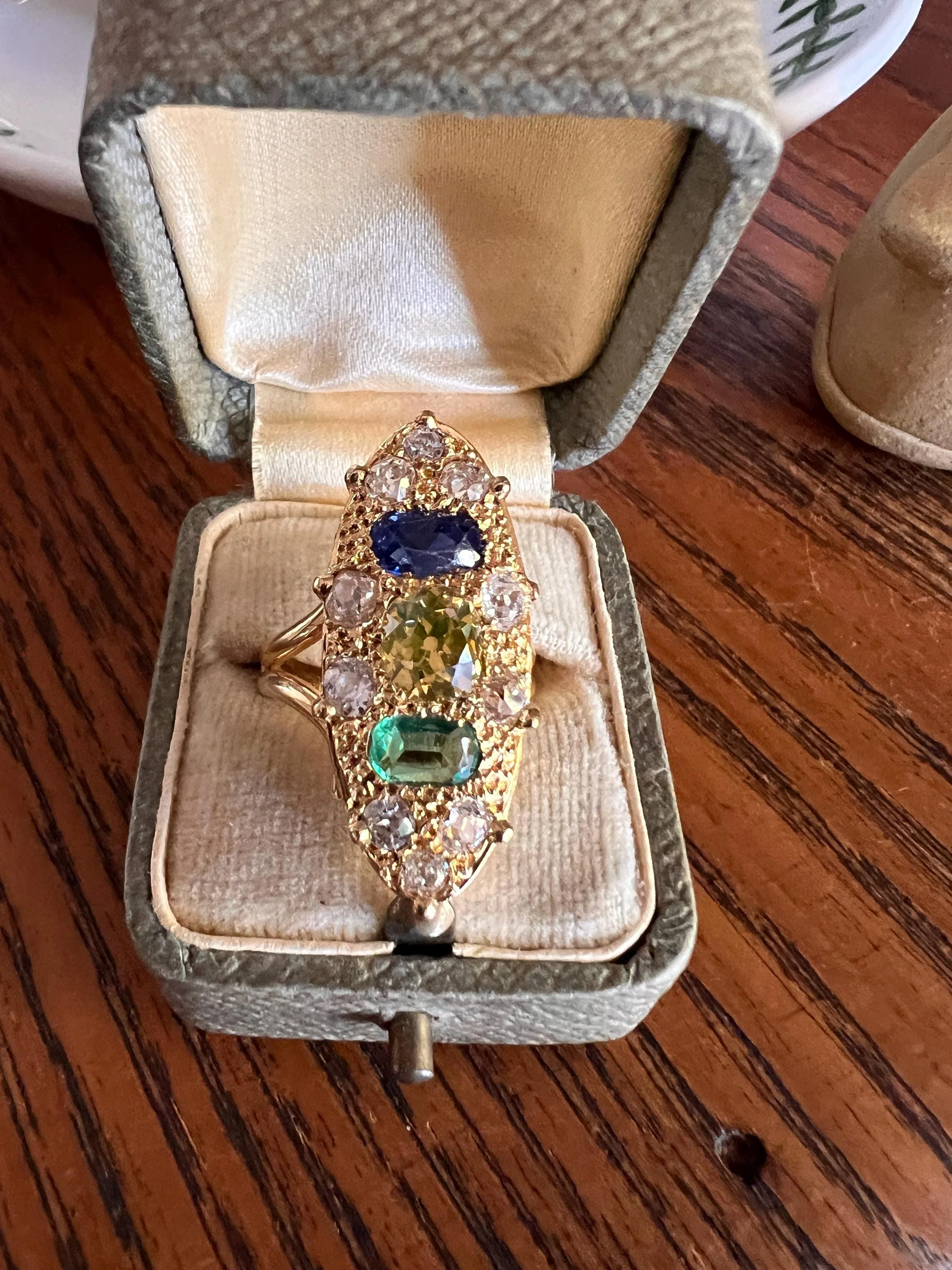 Unique French Vintage Navette Ring 1.25 Carat Antique Eye Clean Fancy Intense Greenish YELLOW Old Mine Cut DIAMOND 2.35 Tdw Emerald Sapphire - Image 4