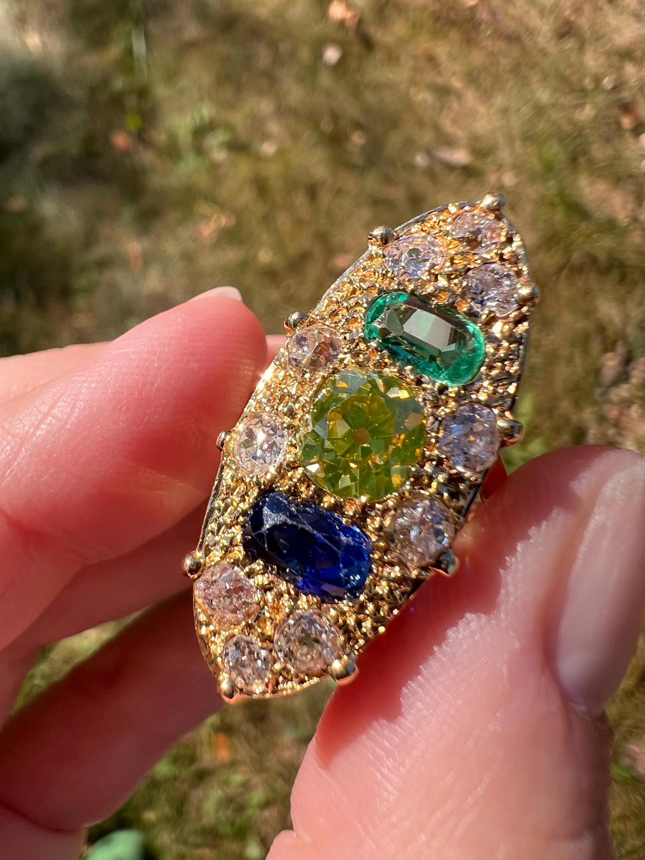 Unique French Vintage Navette Ring 1.25 Carat Antique Eye Clean Fancy Intense Greenish YELLOW Old Mine Cut DIAMOND 2.35 Tdw Emerald Sapphire - Image 5