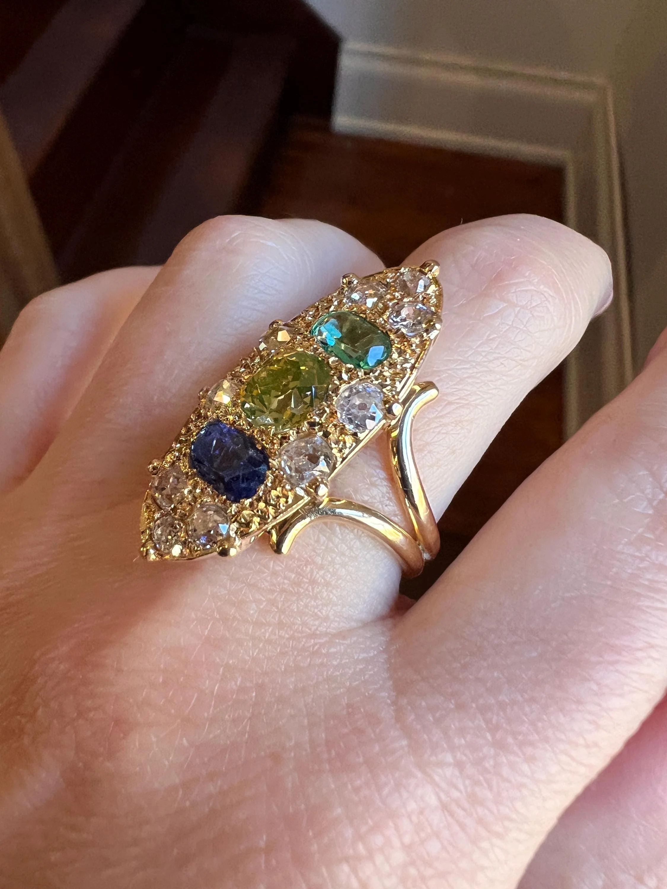 Unique French Vintage Navette Ring 1.25 Carat Antique Eye Clean Fancy Intense Greenish YELLOW Old Mine Cut DIAMOND 2.35 Tdw Emerald Sapphire - Image 6
