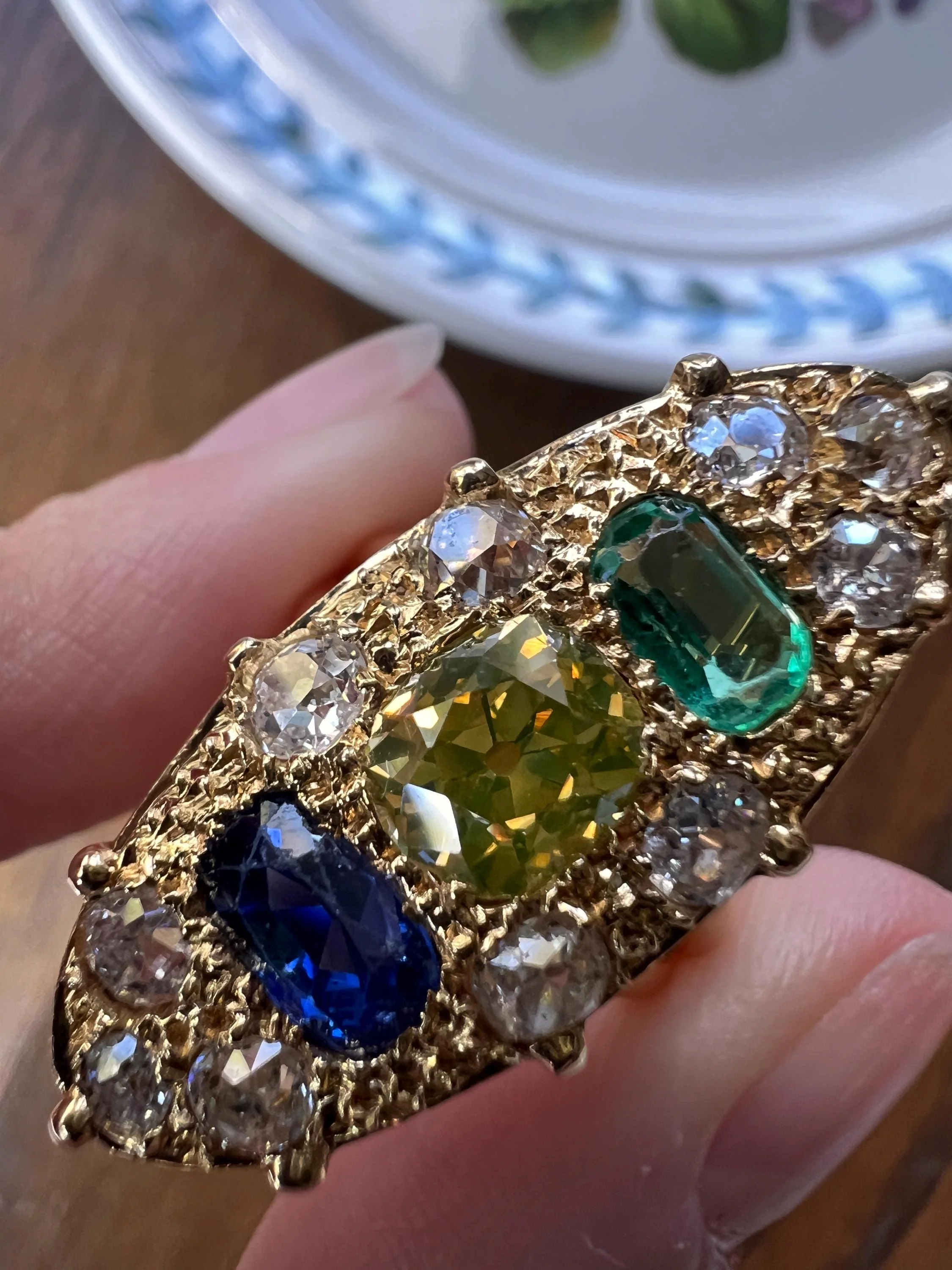 Unique French Vintage Navette Ring 1.25 Carat Antique Eye Clean Fancy Intense Greenish YELLOW Old Mine Cut DIAMOND 2.35 Tdw Emerald Sapphire - Image 7