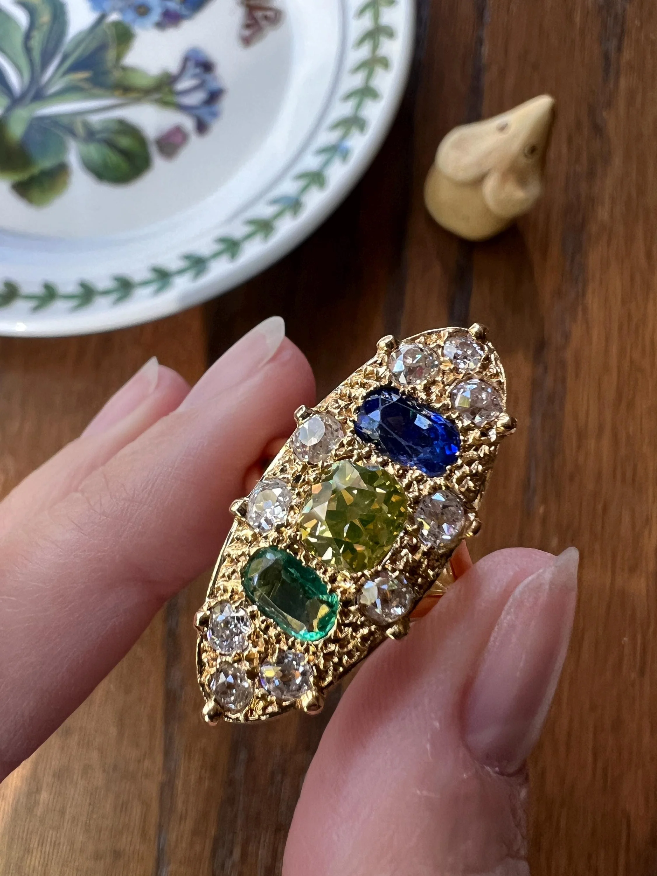 Unique French Vintage Navette Ring 1.25 Carat Antique Eye Clean Fancy Intense Greenish YELLOW Old Mine Cut DIAMOND 2.35 Tdw Emerald Sapphire - Image 8