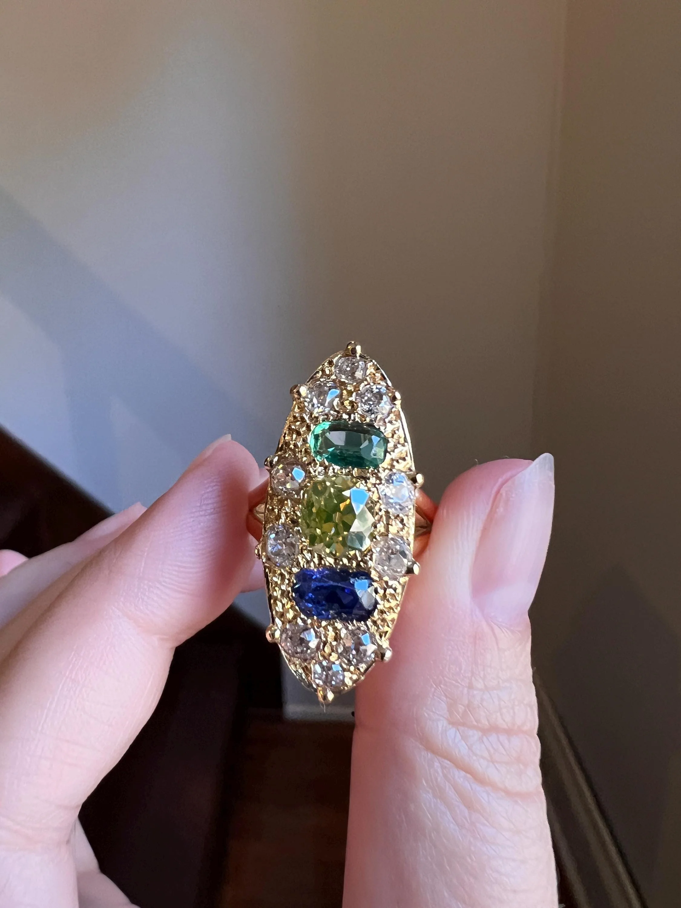 Unique French Vintage Navette Ring 1.25 Carat Antique Eye Clean Fancy Intense Greenish YELLOW Old Mine Cut DIAMOND 2.35 Tdw Emerald Sapphire - Image 9