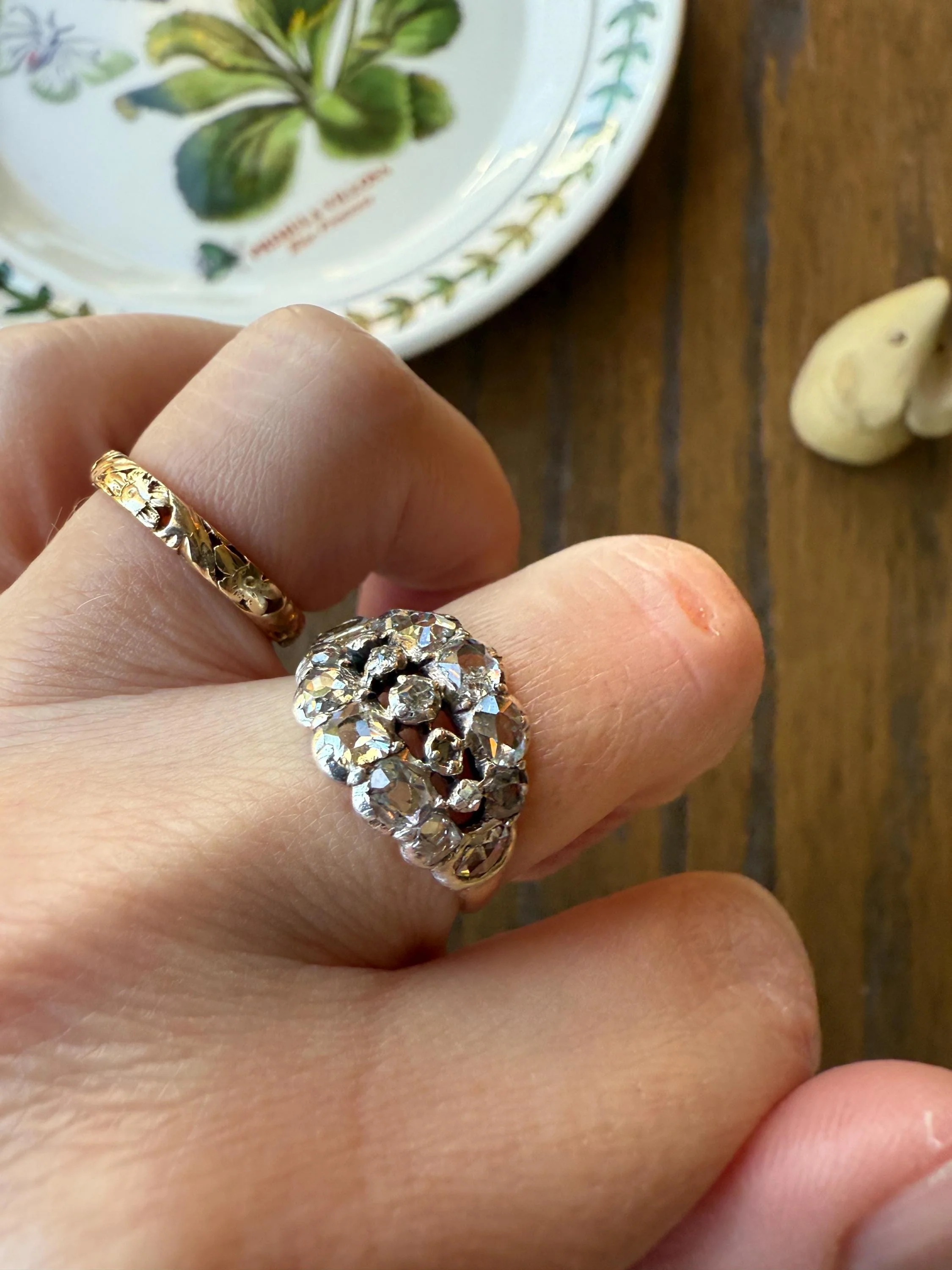 UNIQUE Mixed Old Cut DIAMOND Georgian Era Triple Row Ring Rose Table Old Mine Cut Combo 14k Gold Silver Open Back Stacker Ooak Gift - Image 10