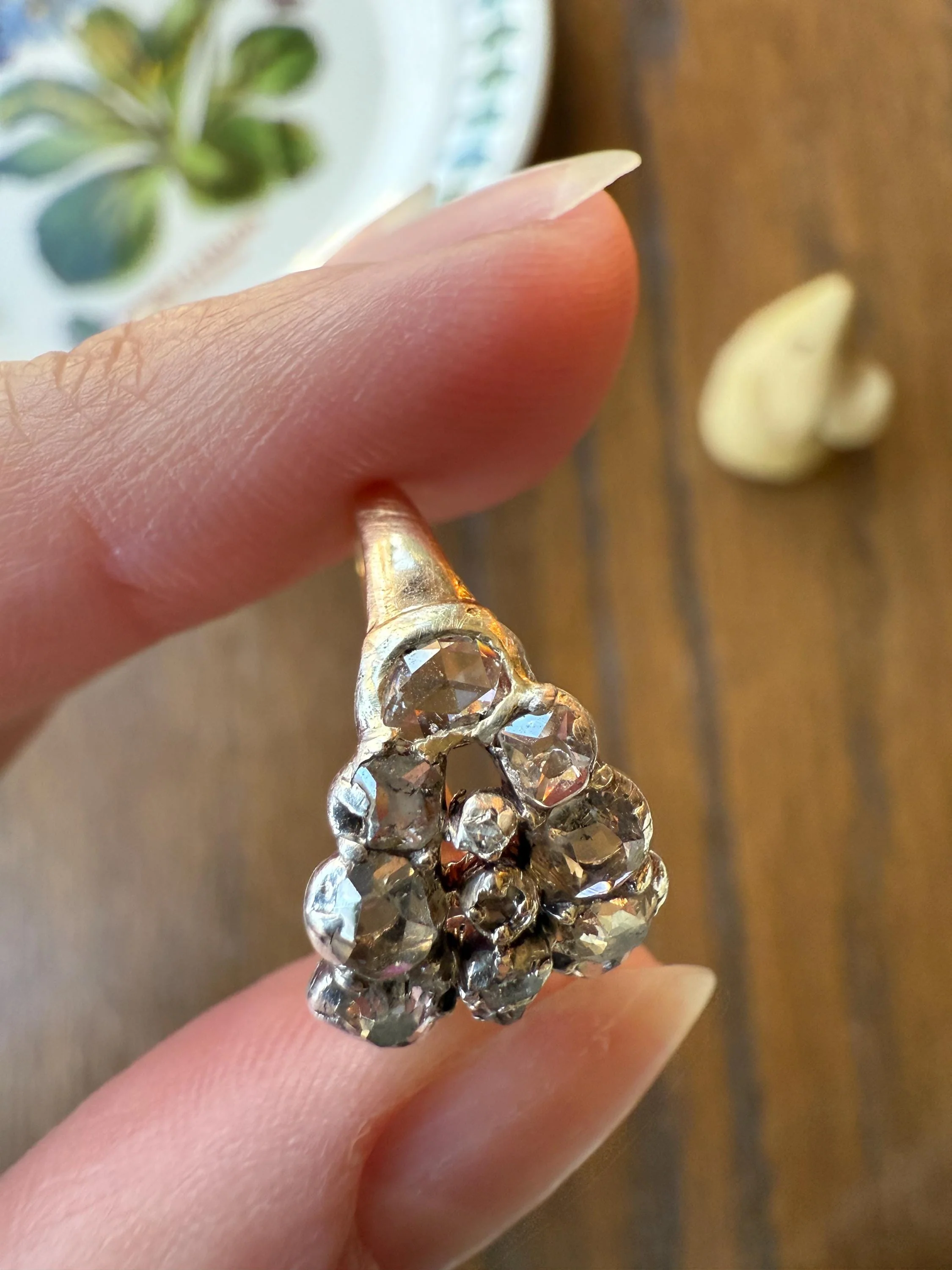 UNIQUE Mixed Old Cut DIAMOND Georgian Era Triple Row Ring Rose Table Old Mine Cut Combo 14k Gold Silver Open Back Stacker Ooak Gift - Image 11
