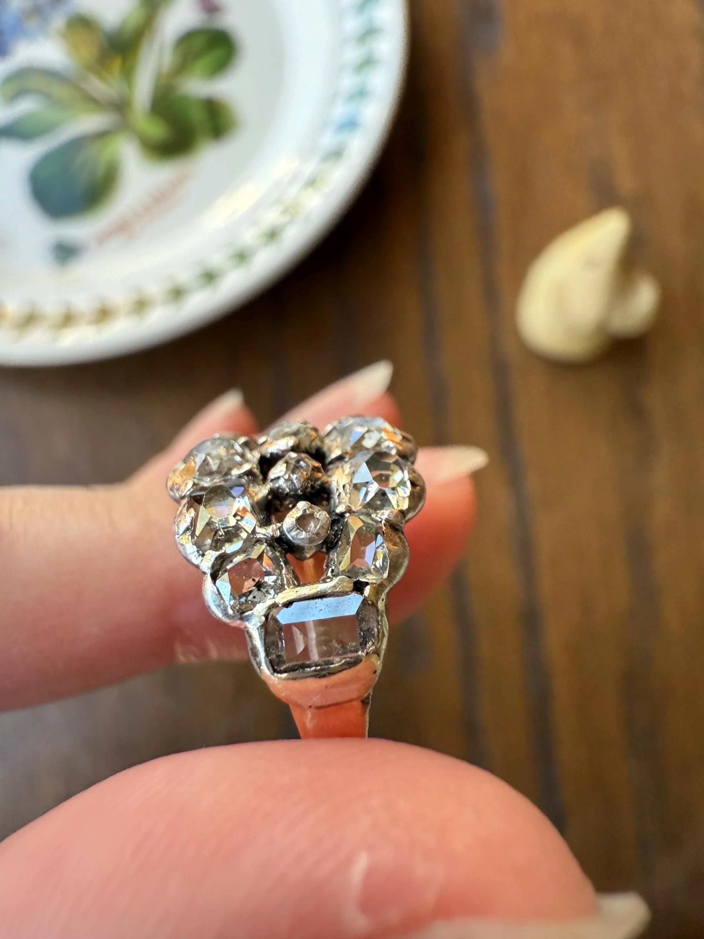 UNIQUE Mixed Old Cut DIAMOND Georgian Era Triple Row Ring Rose Table Old Mine Cut Combo 14k Gold Silver Open Back Stacker Ooak Gift - Image 13