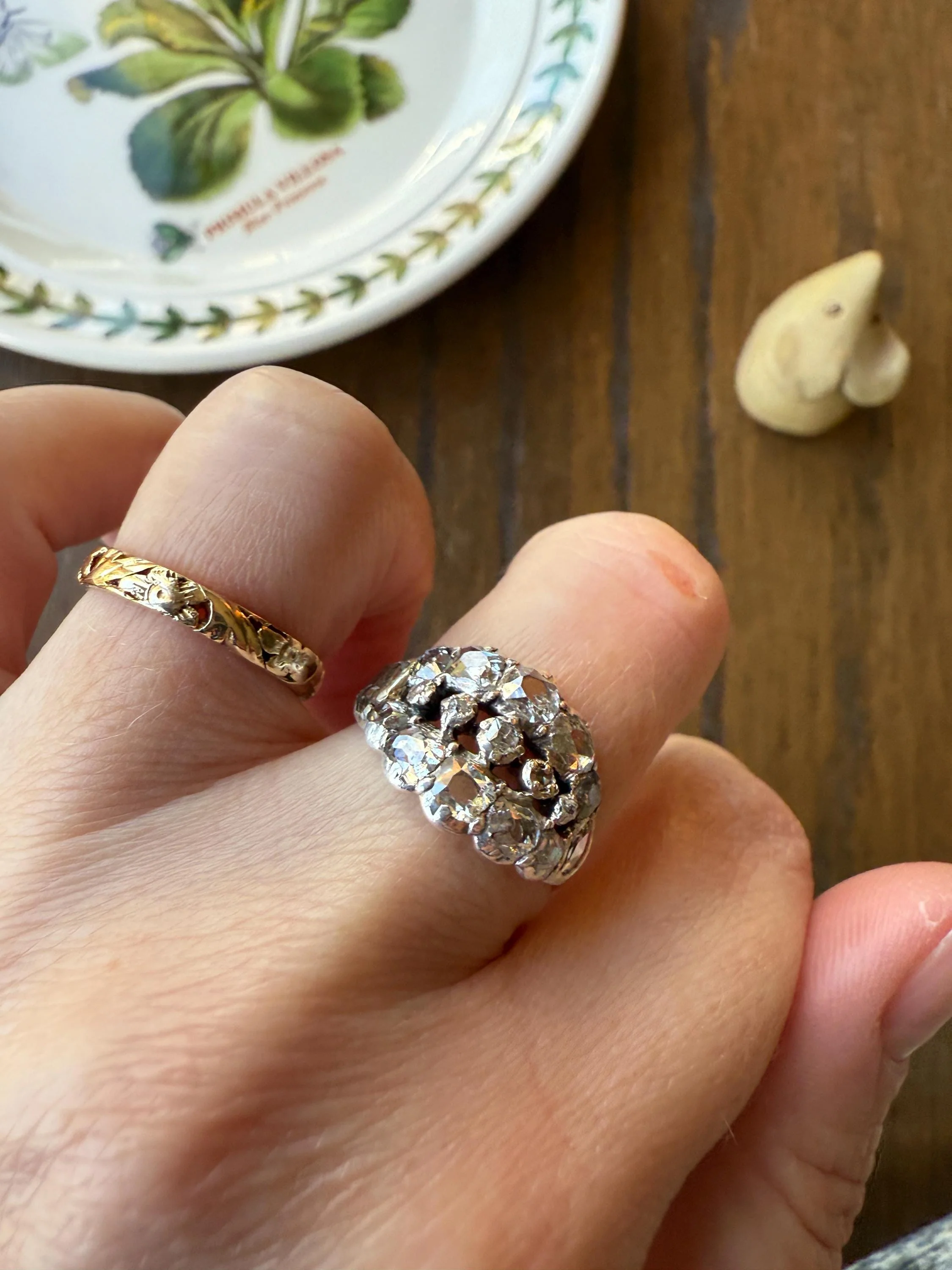 UNIQUE Mixed Old Cut DIAMOND Georgian Era Triple Row Ring Rose Table Old Mine Cut Combo 14k Gold Silver Open Back Stacker Ooak Gift - Image 2