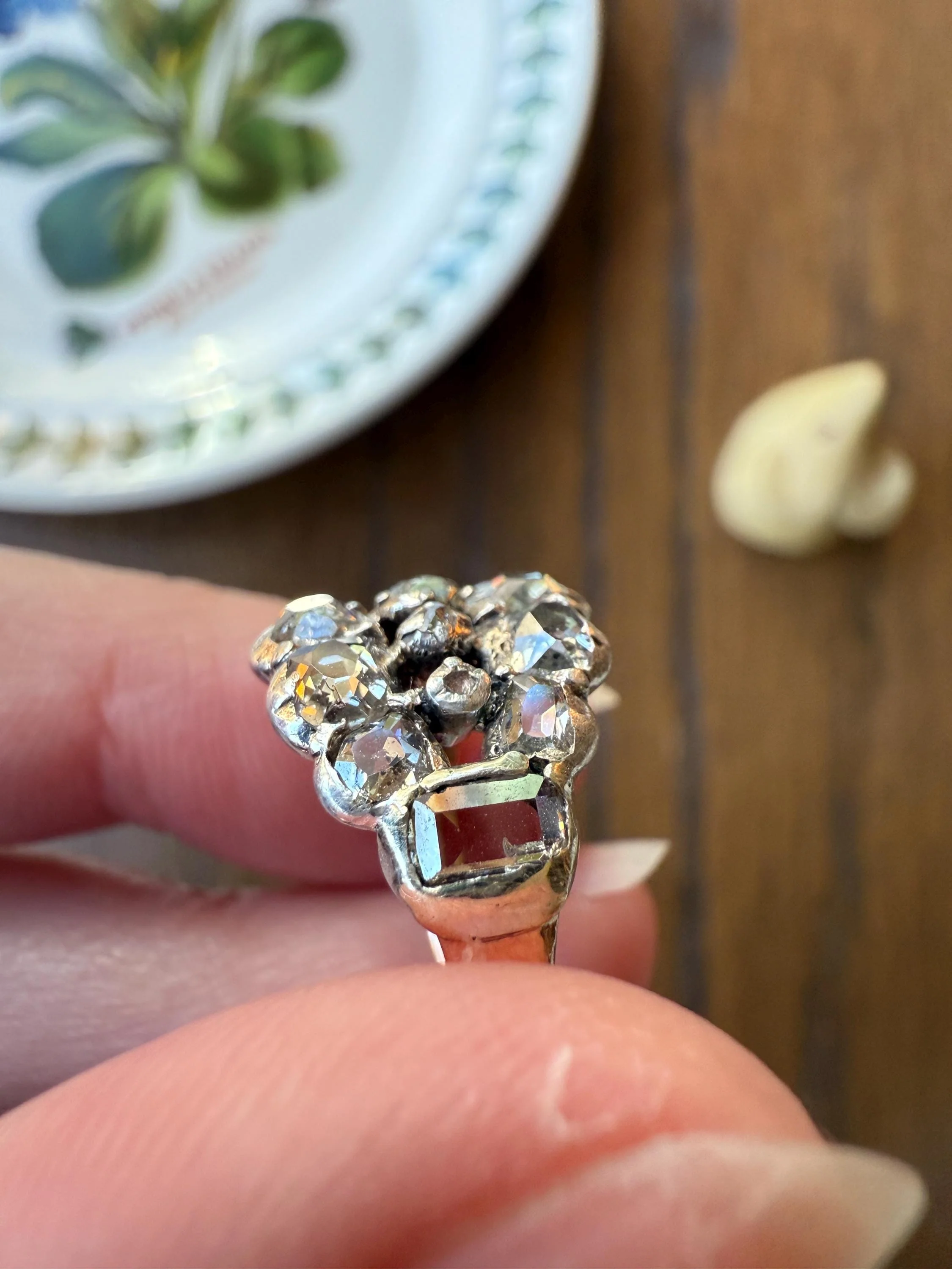 UNIQUE Mixed Old Cut DIAMOND Georgian Era Triple Row Ring Rose Table Old Mine Cut Combo 14k Gold Silver Open Back Stacker Ooak Gift - Image 4