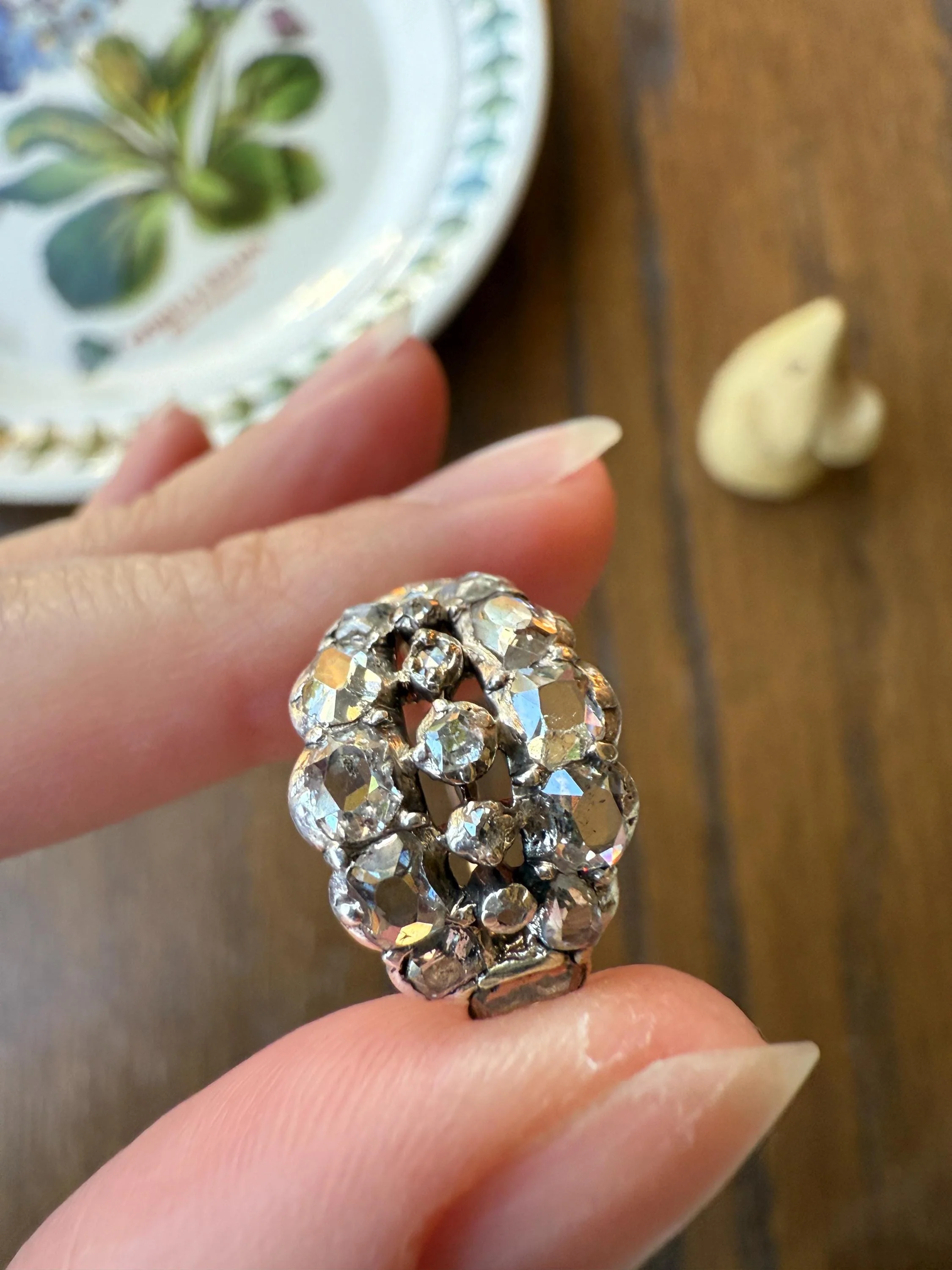 UNIQUE Mixed Old Cut DIAMOND Georgian Era Triple Row Ring Rose Table Old Mine Cut Combo 14k Gold Silver Open Back Stacker Ooak Gift - Image 5