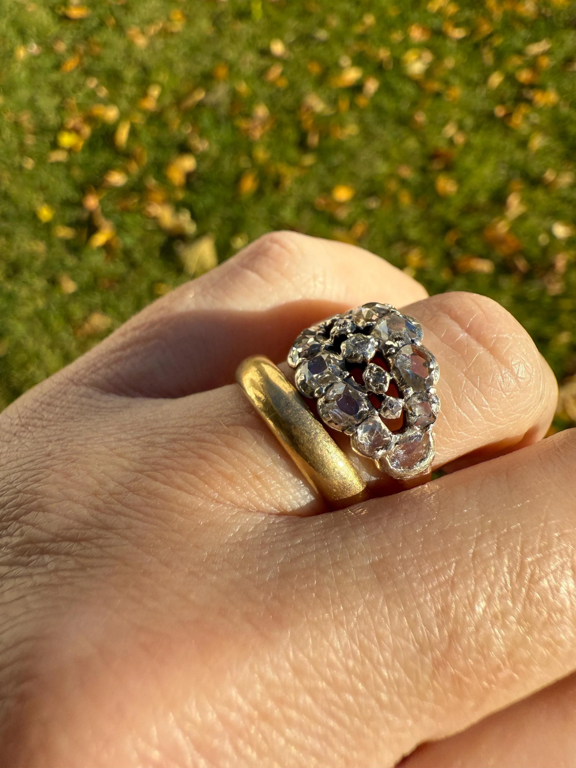 UNIQUE Mixed Old Cut DIAMOND Georgian Era Triple Row Ring Rose Table Old Mine Cut Combo 14k Gold Silver Open Back Stacker Ooak Gift - Image 6
