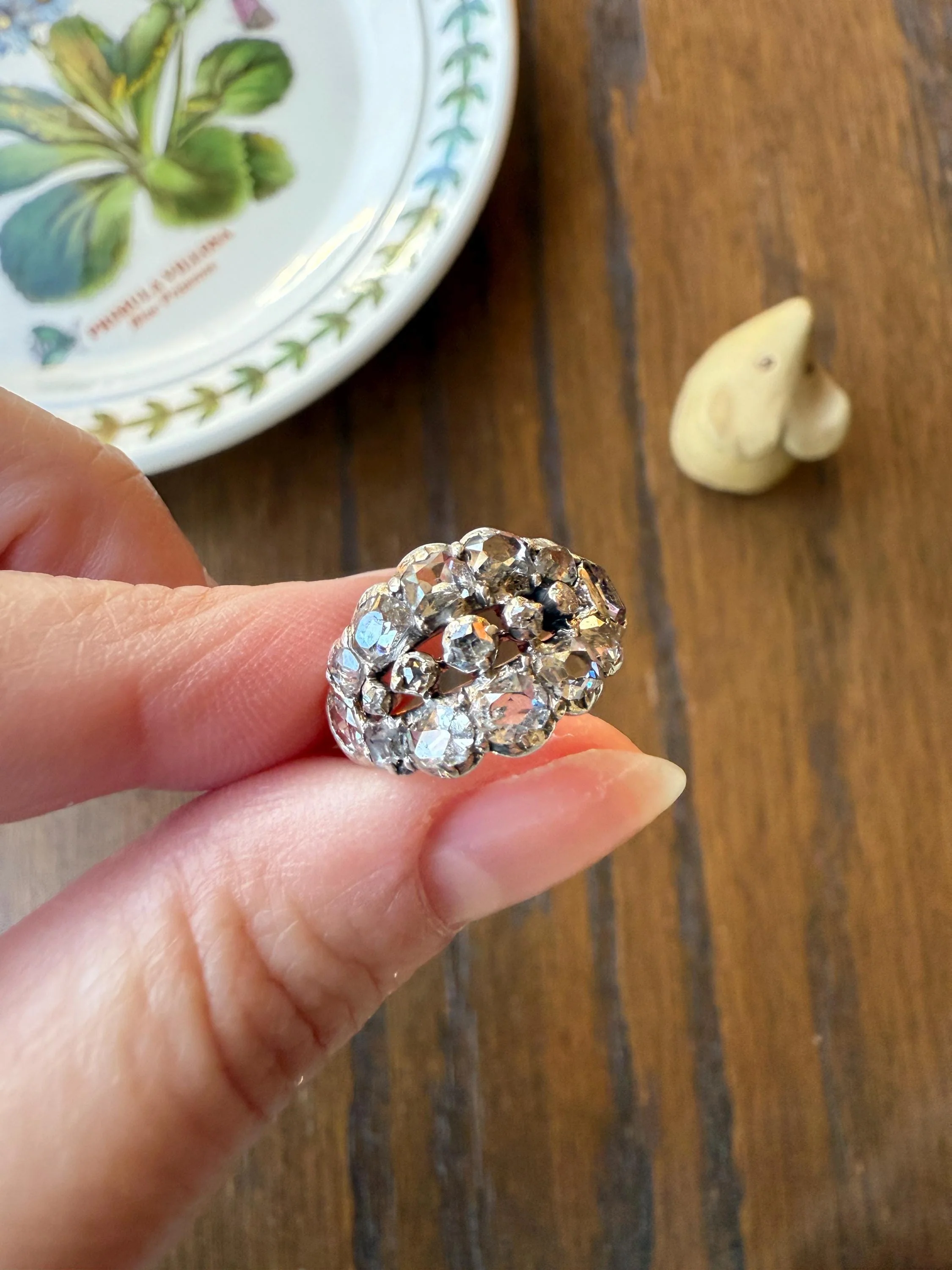 UNIQUE Mixed Old Cut DIAMOND Georgian Era Triple Row Ring Rose Table Old Mine Cut Combo 14k Gold Silver Open Back Stacker Ooak Gift - Image 8
