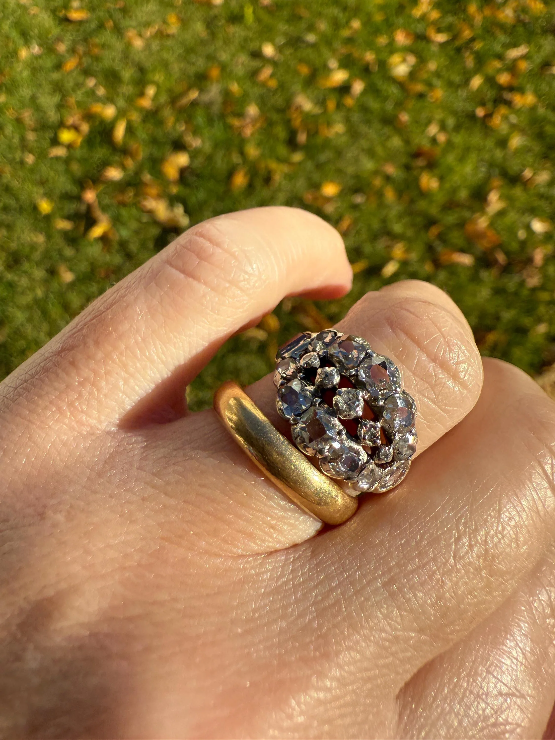 UNIQUE Mixed Old Cut DIAMOND Georgian Era Triple Row Ring Rose Table Old Mine Cut Combo 14k Gold Silver Open Back Stacker Ooak Gift - Image 9
