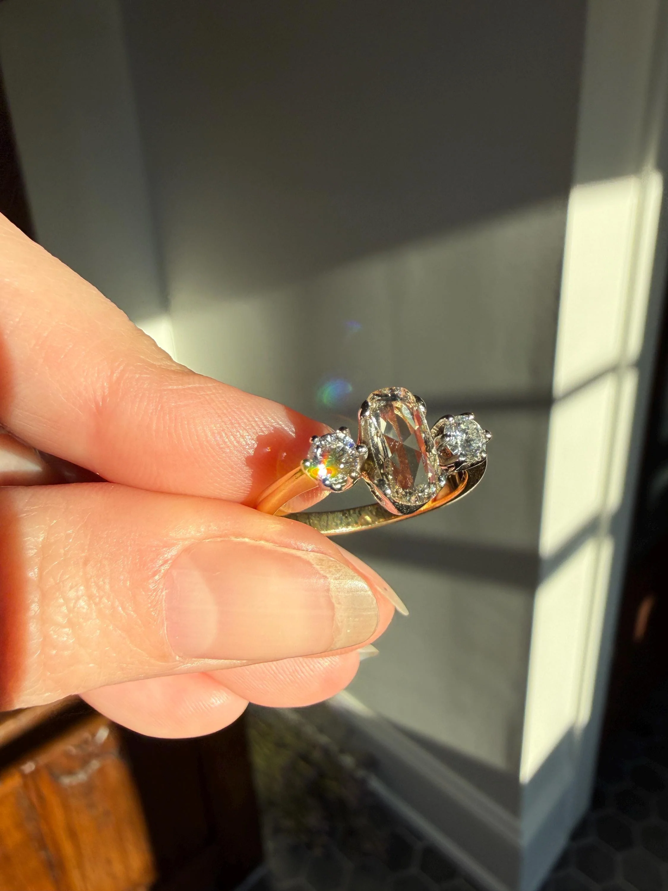Unique Vintage Elongated Natural VS1 Portrait Rose Cut Three Stone DIAMOND Ring 18k Gold Solid Cushion Oval Stacker Band - Image 12