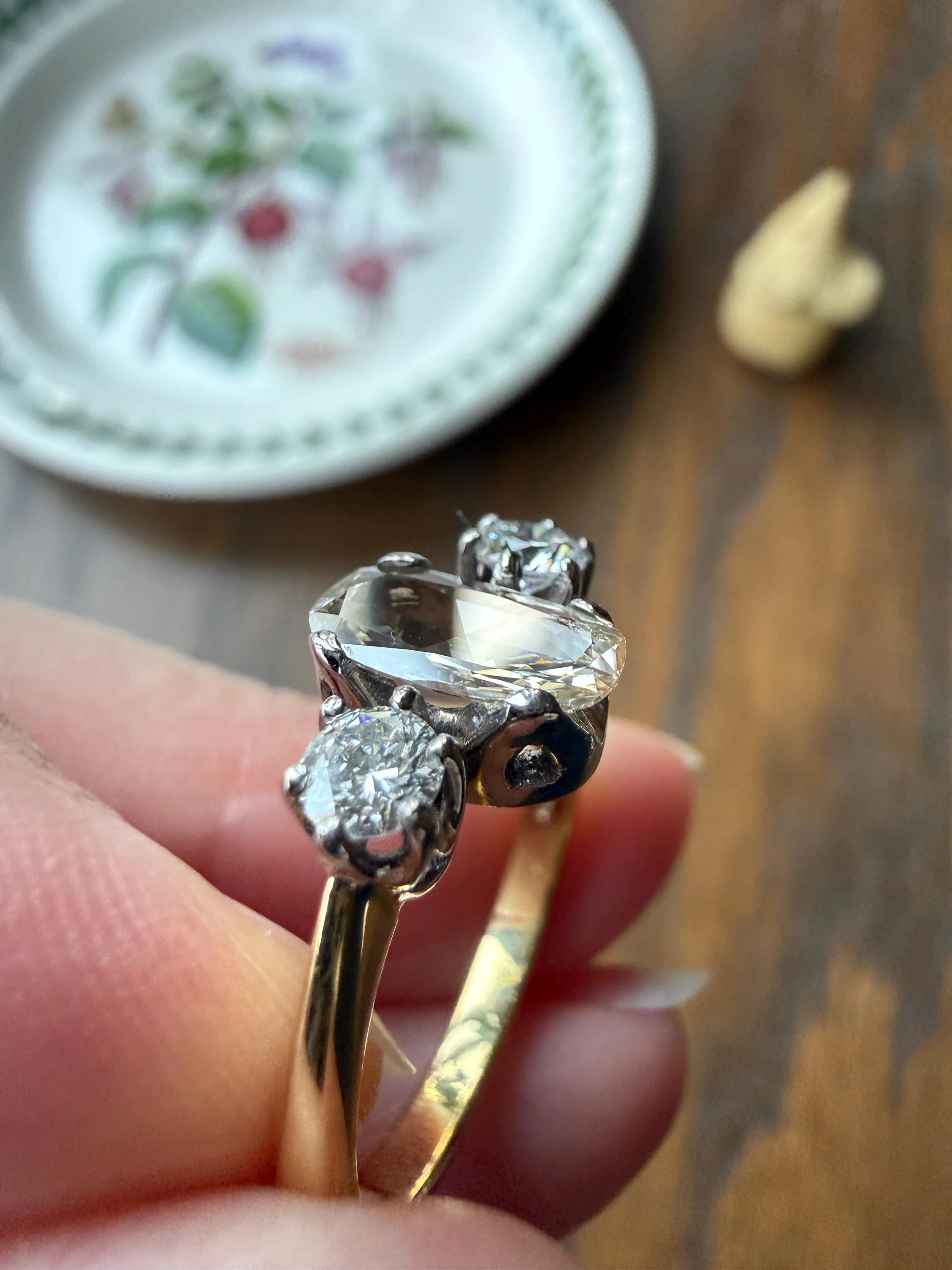 Unique Vintage Elongated Natural VS1 Portrait Rose Cut Three Stone DIAMOND Ring 18k Gold Solid Cushion Oval Stacker Band - Image 13