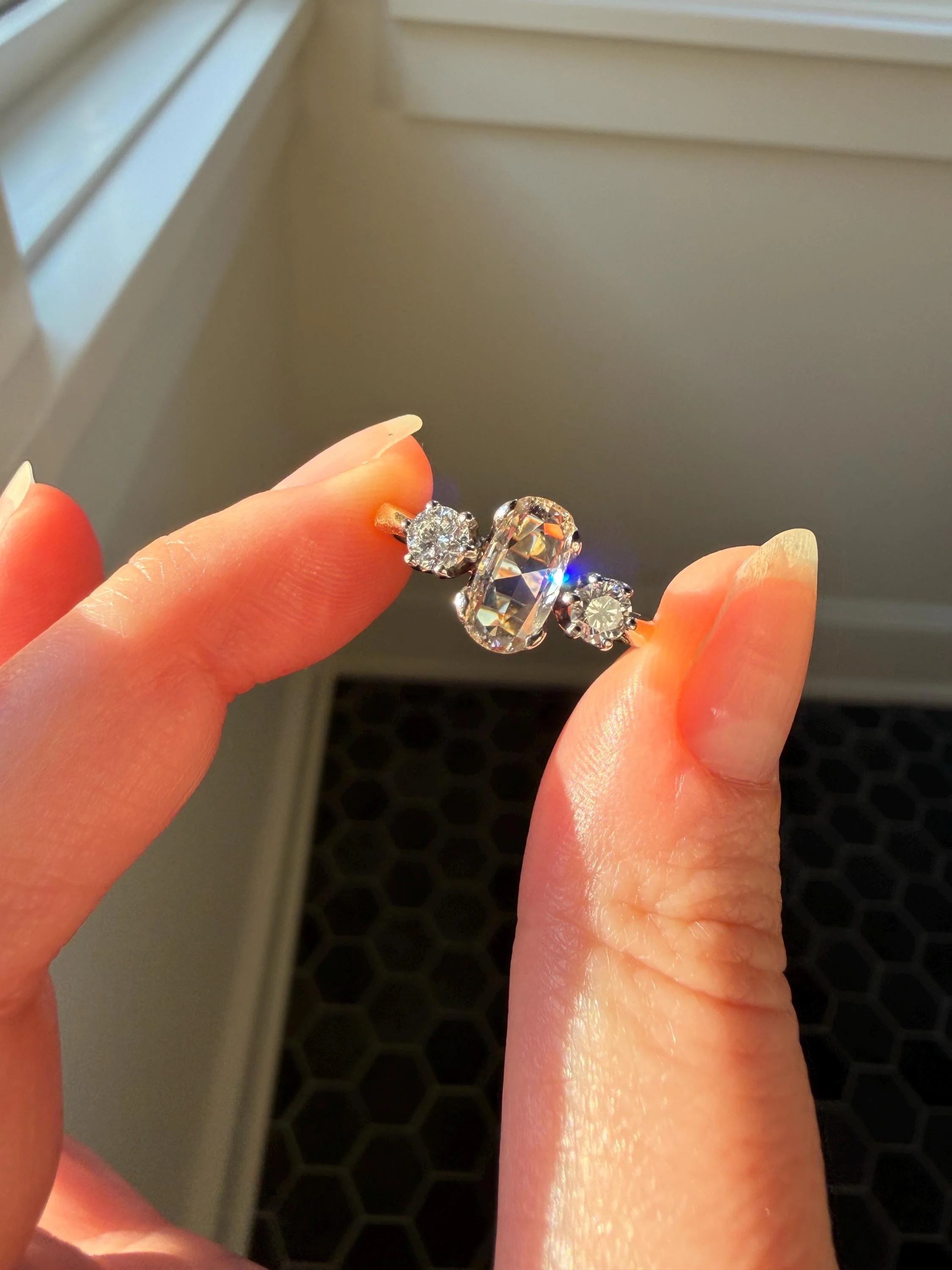 Unique Vintage Elongated Natural VS1 Portrait Rose Cut Three Stone DIAMOND Ring 18k Gold Solid Cushion Oval Stacker Band - Image 19