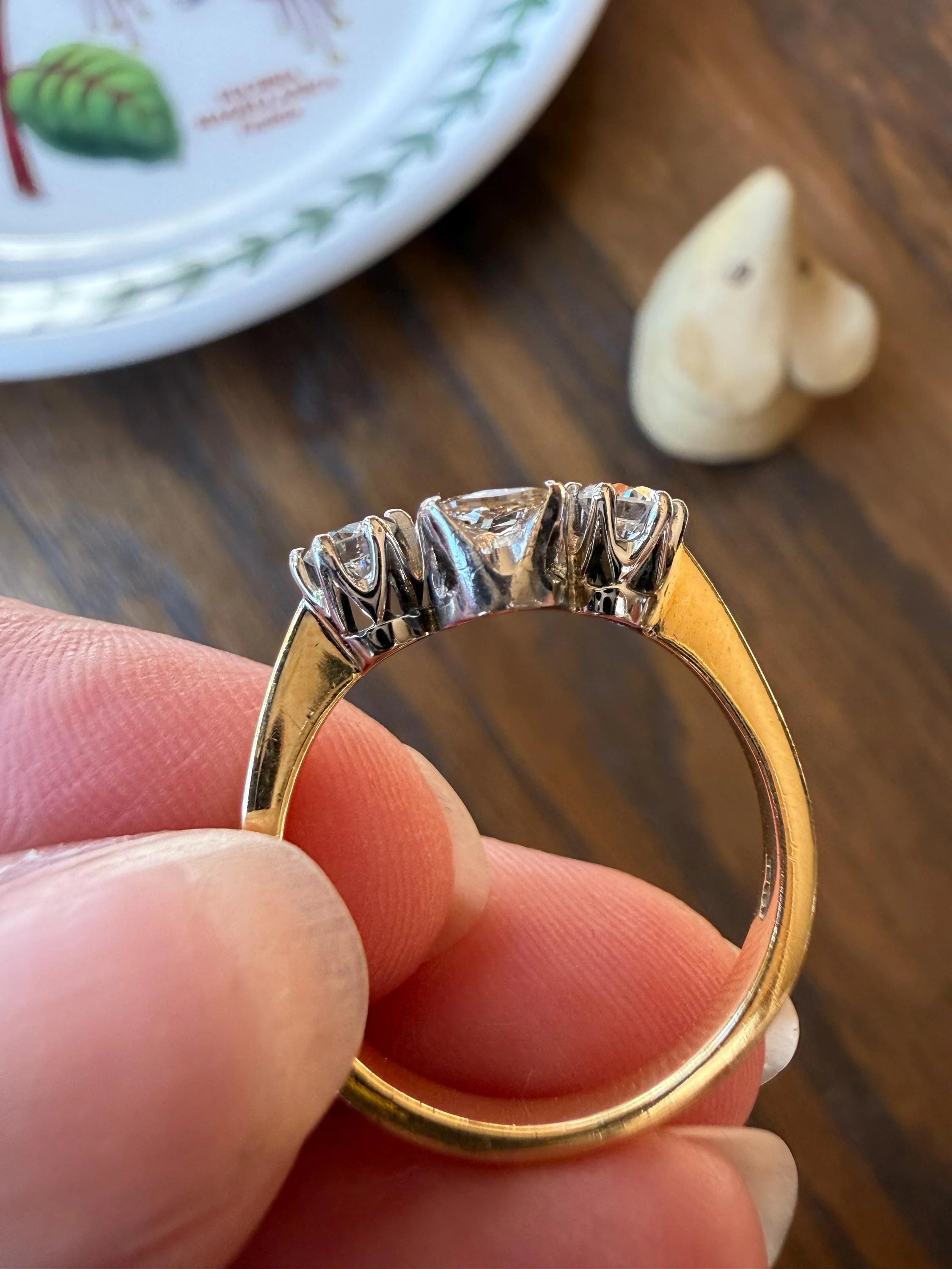 Unique Vintage Elongated Natural VS1 Portrait Rose Cut Three Stone DIAMOND Ring 18k Gold Solid Cushion Oval Stacker Band - Image 20