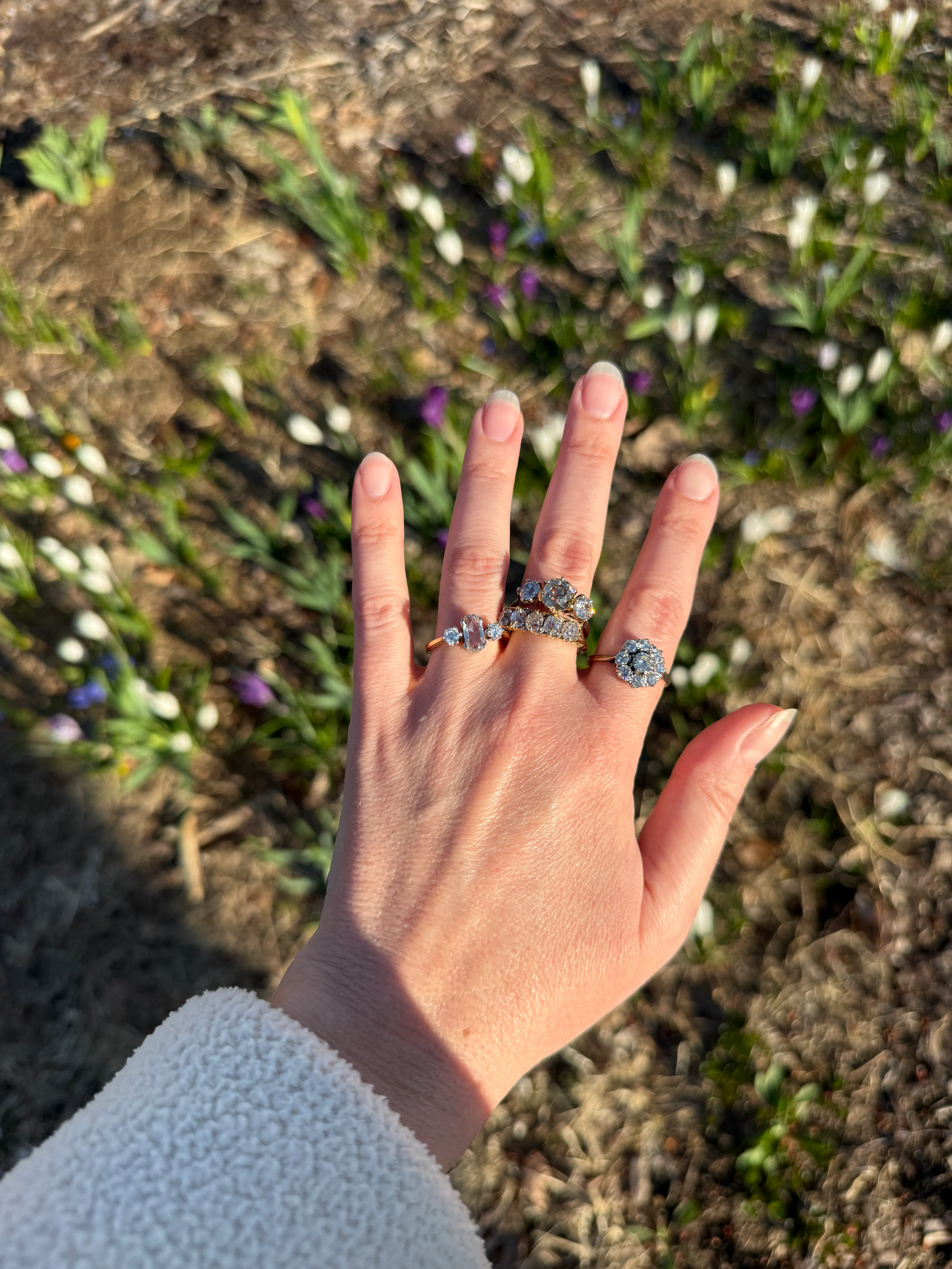 Unique Vintage Elongated Natural VS1 Portrait Rose Cut Three Stone DIAMOND Ring 18k Gold Solid Cushion Oval Stacker Band - Image 23