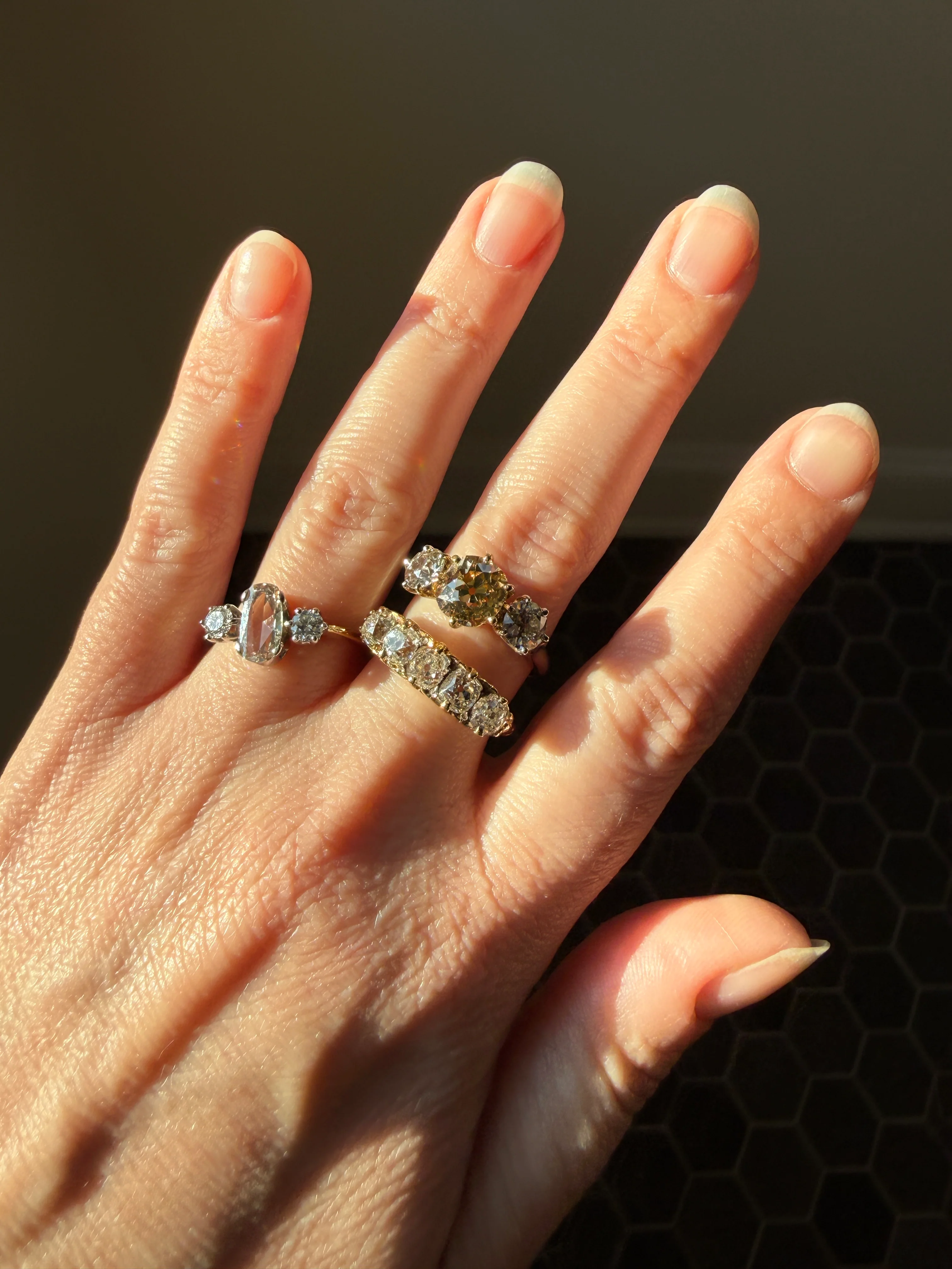 Unique Vintage Elongated Natural VS1 Portrait Rose Cut Three Stone DIAMOND Ring 18k Gold Solid Cushion Oval Stacker Band - Image 25