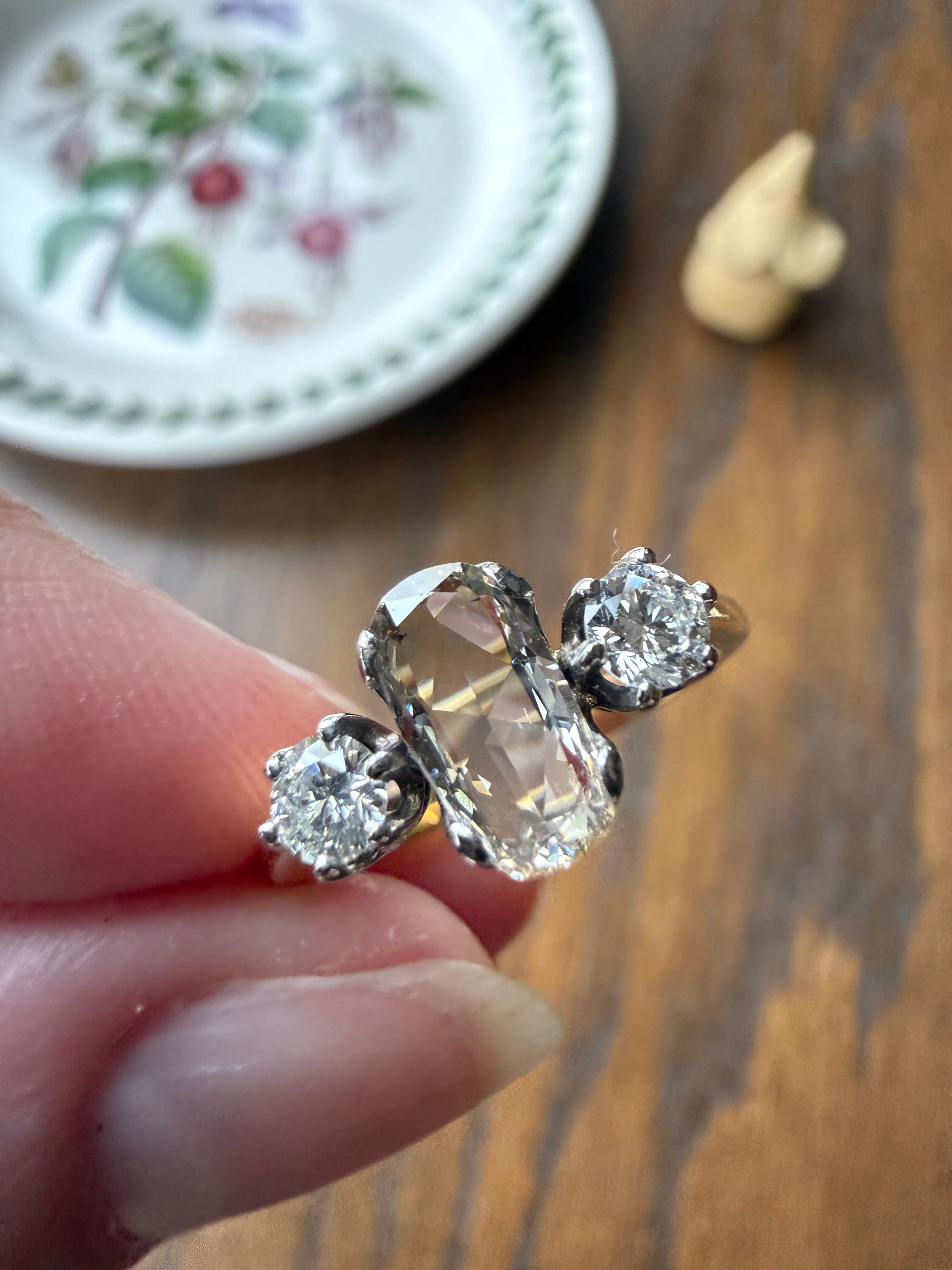 Unique Vintage Elongated Natural VS1 Portrait Rose Cut Three Stone DIAMOND Ring 18k Gold Solid Cushion Oval Stacker Band - Image 27