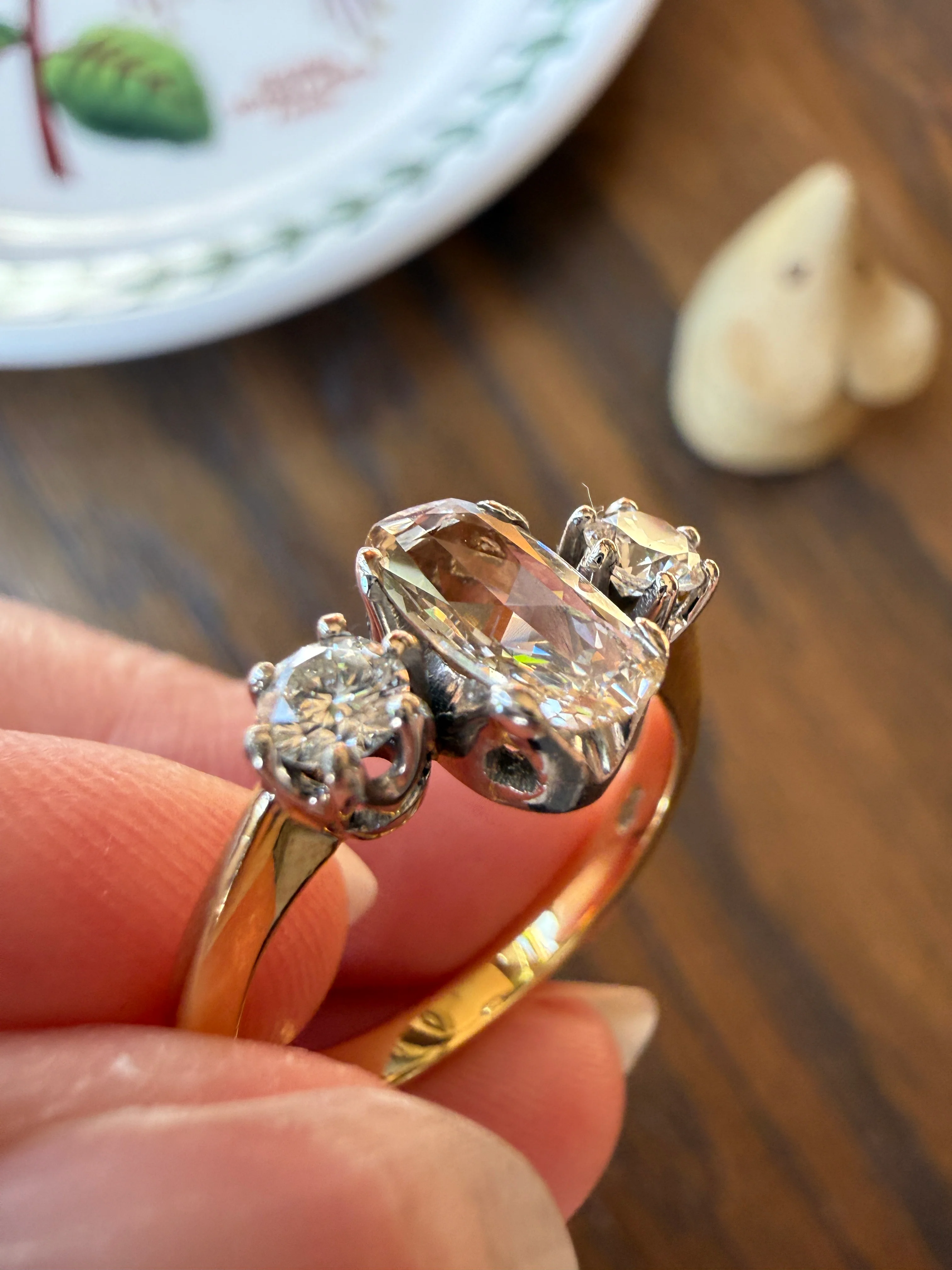 Unique Vintage Elongated Natural VS1 Portrait Rose Cut Three Stone DIAMOND Ring 18k Gold Solid Cushion Oval Stacker Band - Image 28