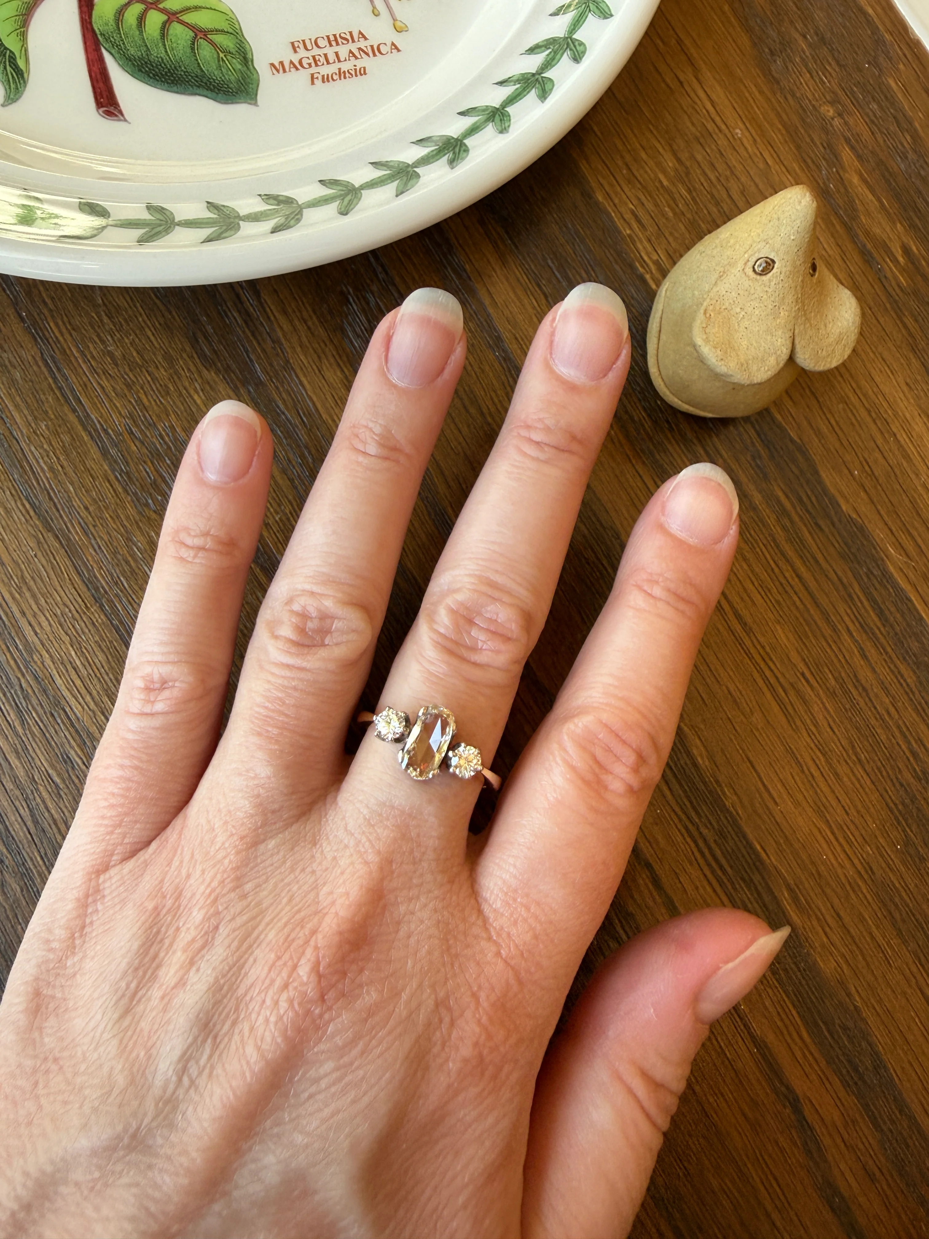 Unique Vintage Elongated Natural VS1 Portrait Rose Cut Three Stone DIAMOND Ring 18k Gold Solid Cushion Oval Stacker Band - Image 29
