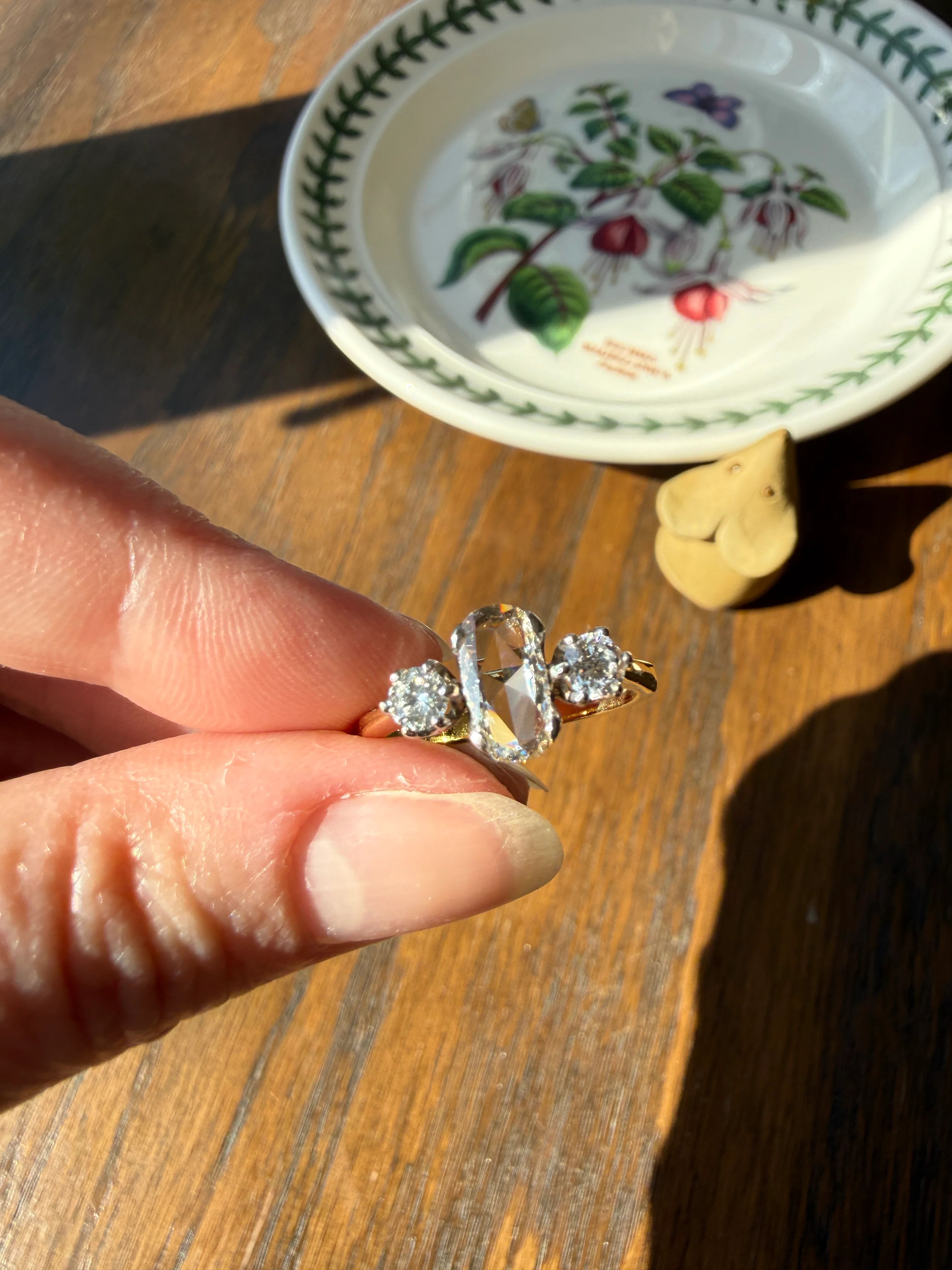 Unique Vintage Elongated Natural VS1 Portrait Rose Cut Three Stone DIAMOND Ring 18k Gold Solid Cushion Oval Stacker Band - Image 30