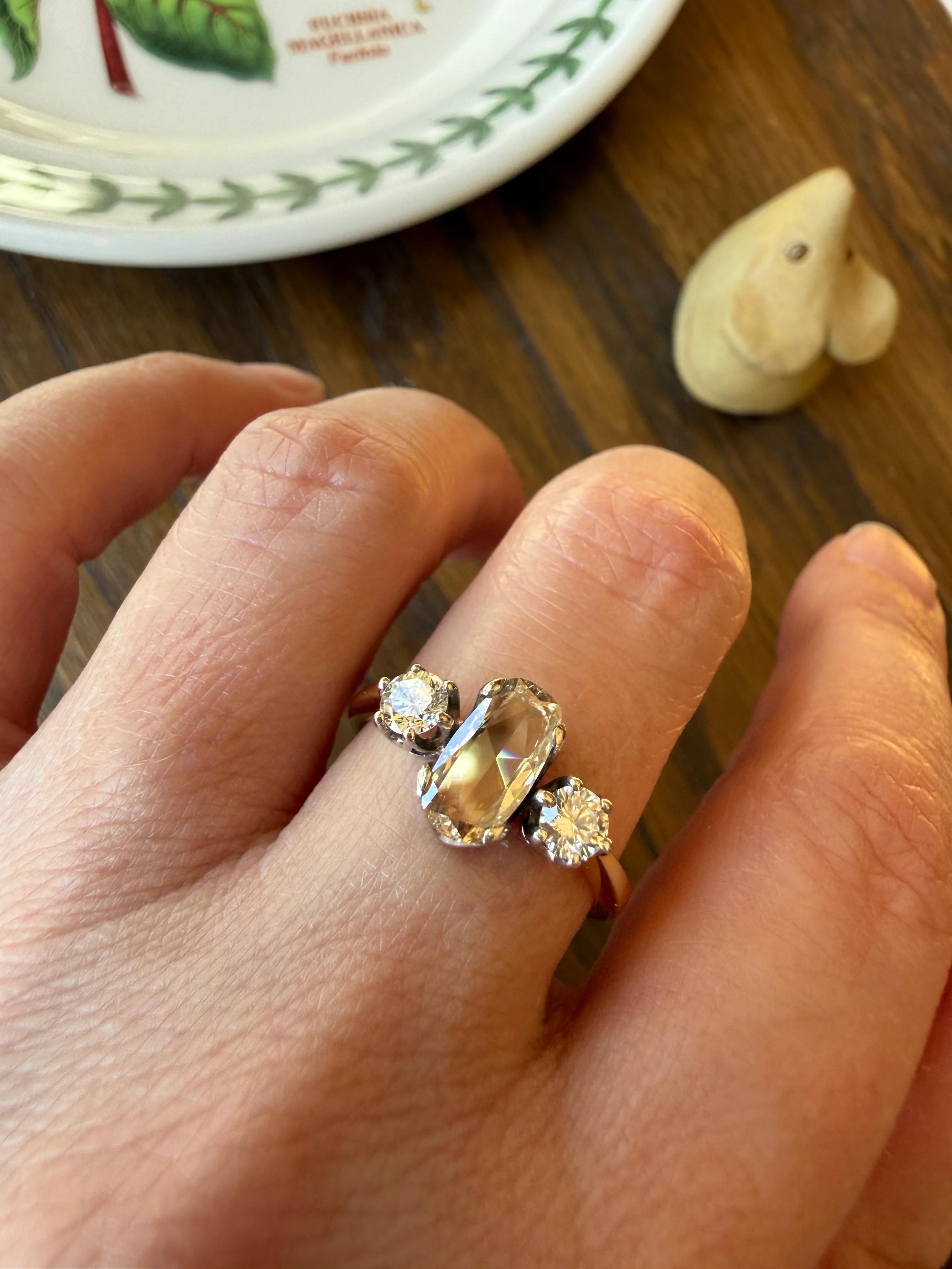 Unique Vintage Elongated Natural VS1 Portrait Rose Cut Three Stone DIAMOND Ring 18k Gold Solid Cushion Oval Stacker Band - Image 31