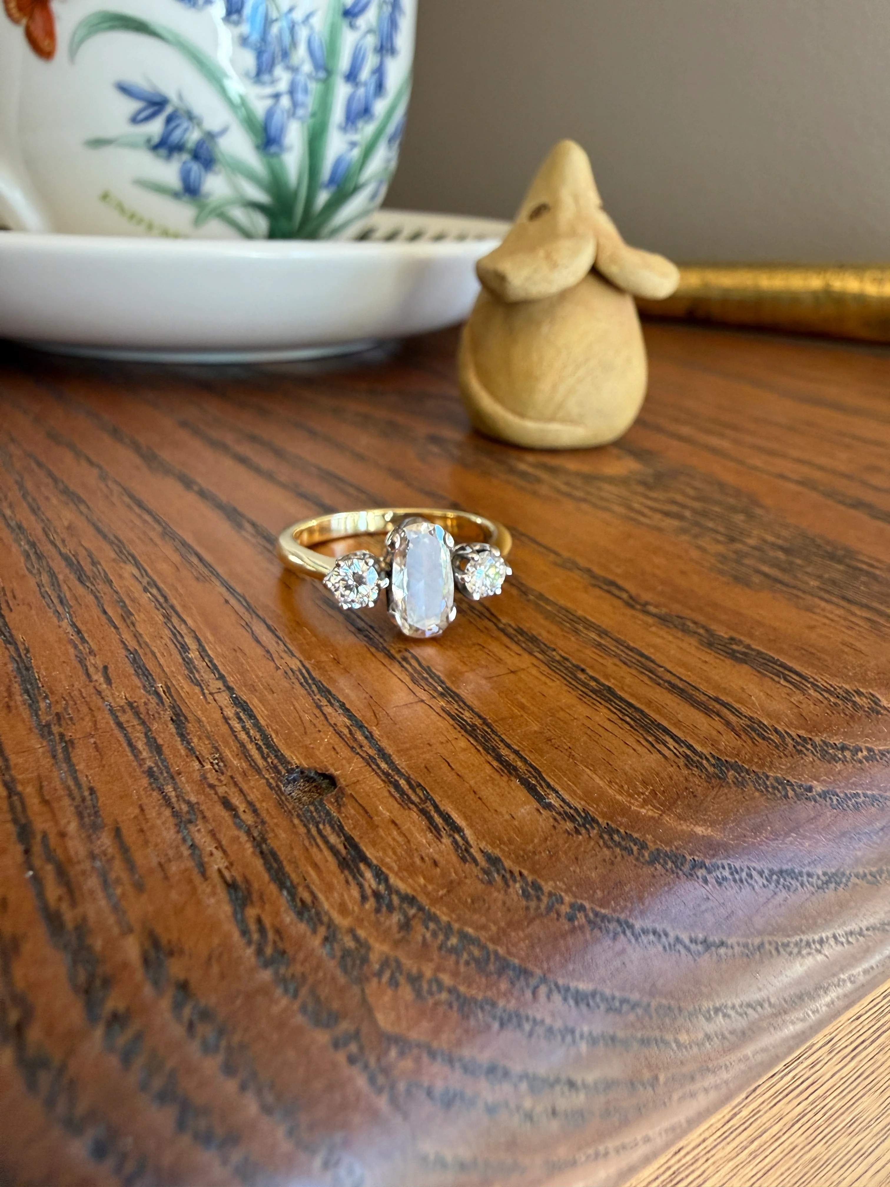 Unique Vintage Elongated Natural VS1 Portrait Rose Cut Three Stone DIAMOND Ring 18k Gold Solid Cushion Oval Stacker Band - Image 32