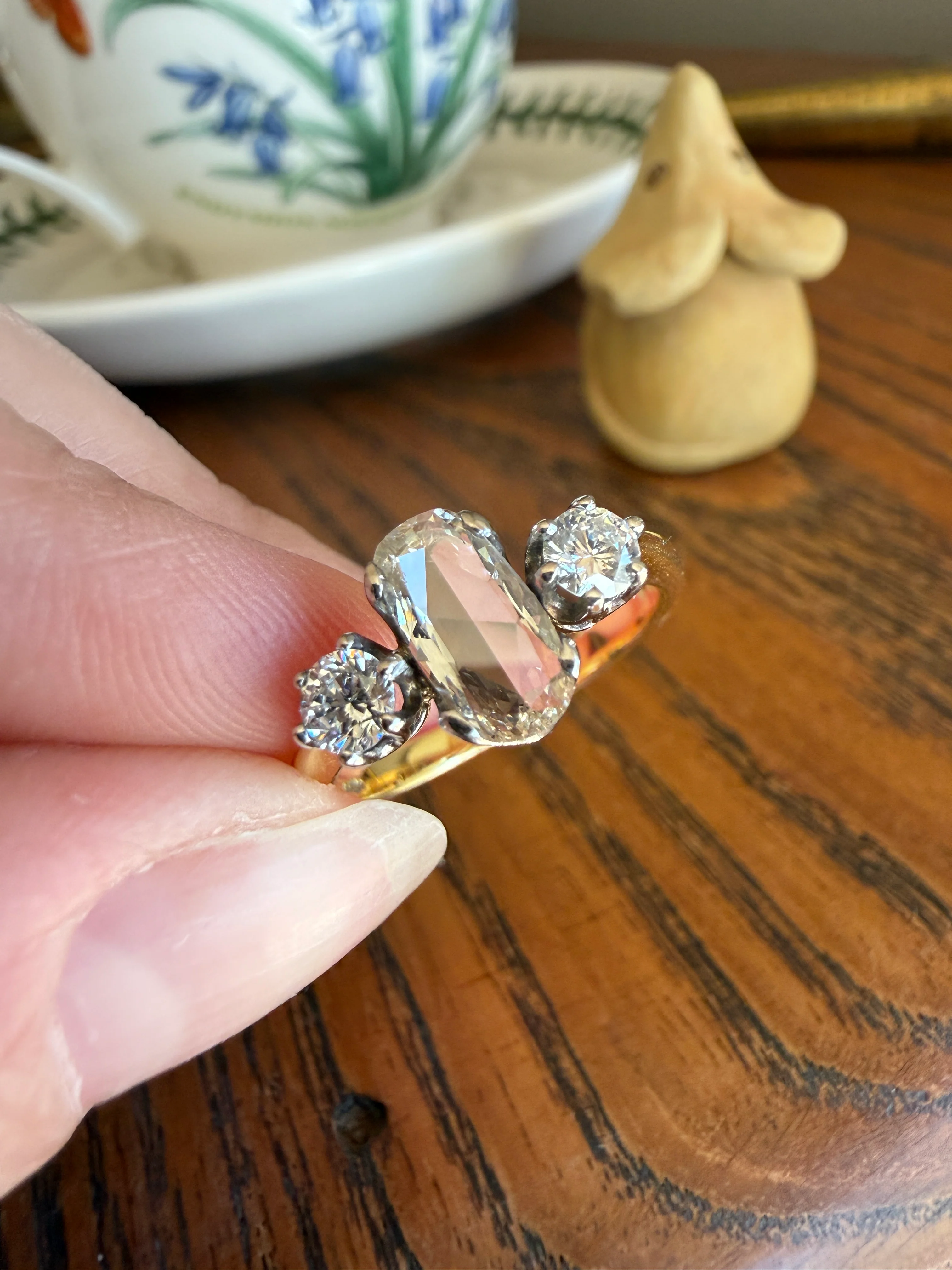 Unique Vintage Elongated Natural VS1 Portrait Rose Cut Three Stone DIAMOND Ring 18k Gold Solid Cushion Oval Stacker Band - Image 33